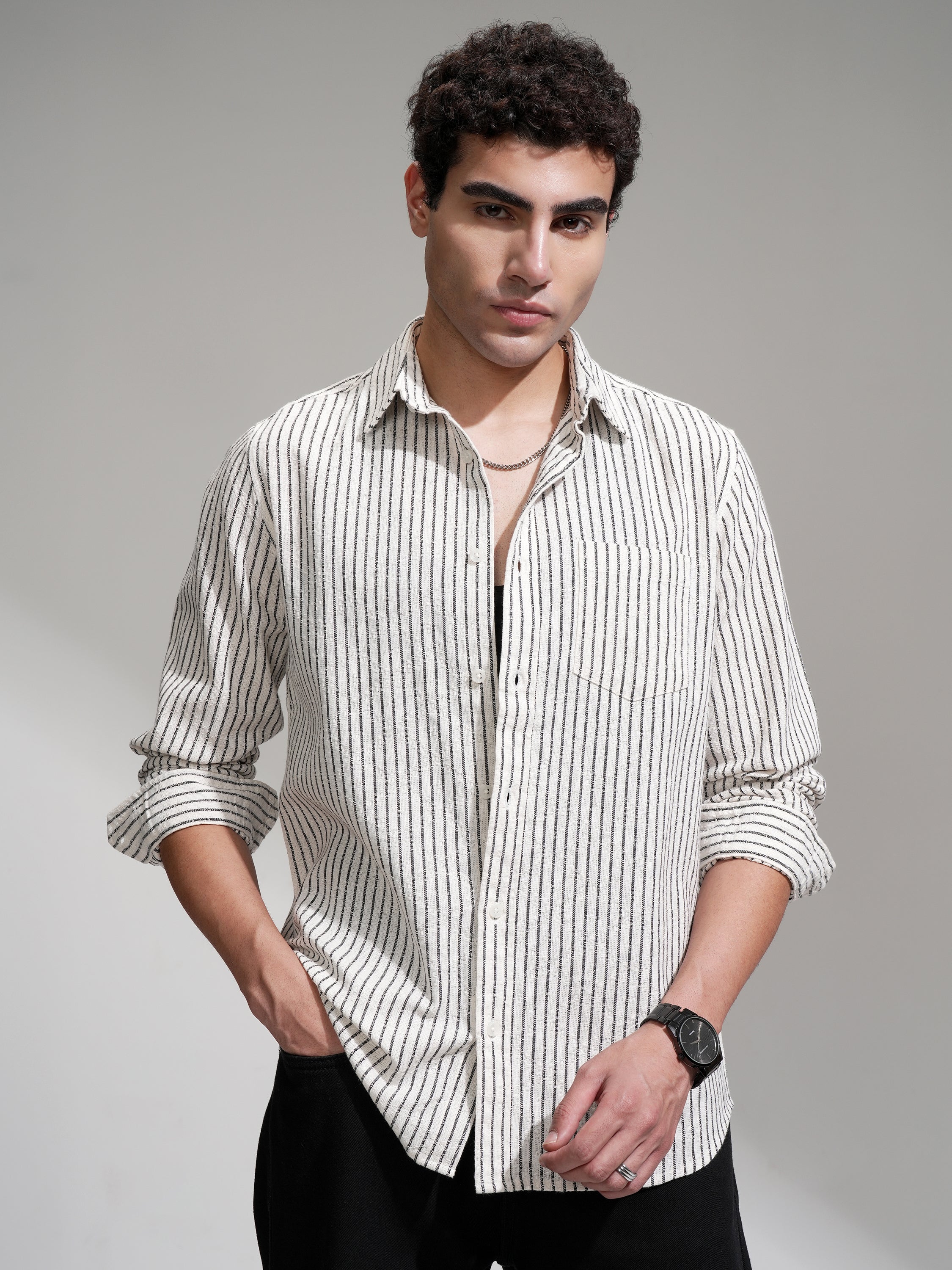 Locomotive Men Cream Striped Slim Fit Casual Shirt - Cream - Image 1