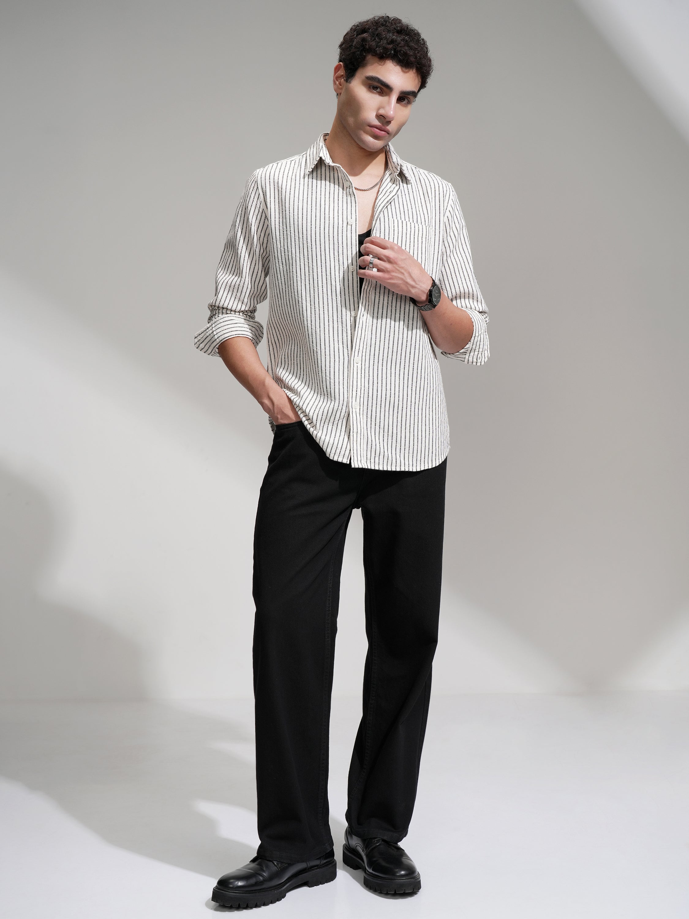 Locomotive Men Cream Striped Slim Fit Casual Shirt - Cream - Image 2