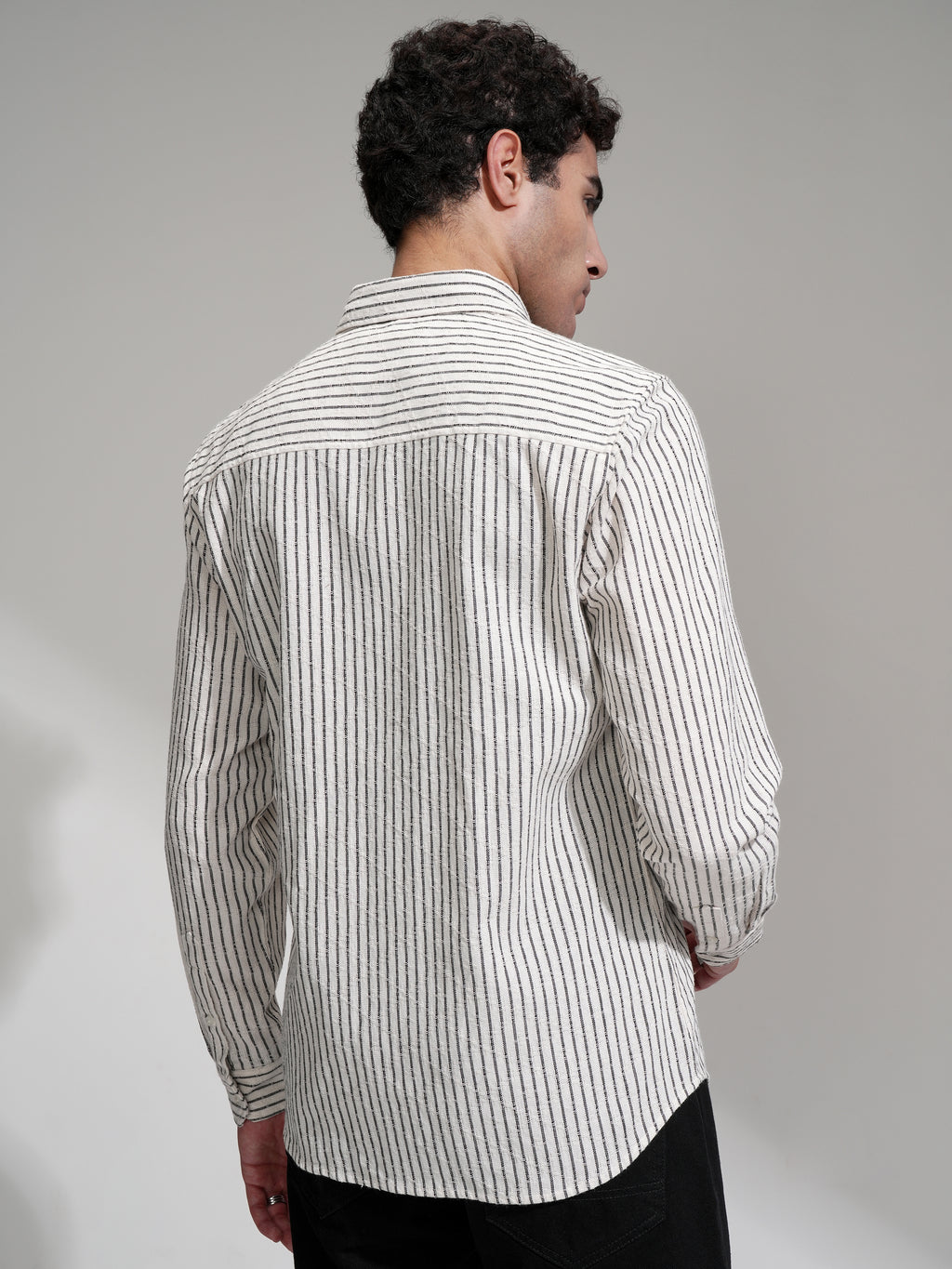 Locomotive Men Cream Striped Slim Fit Casual Shirt - Cream - Image 3