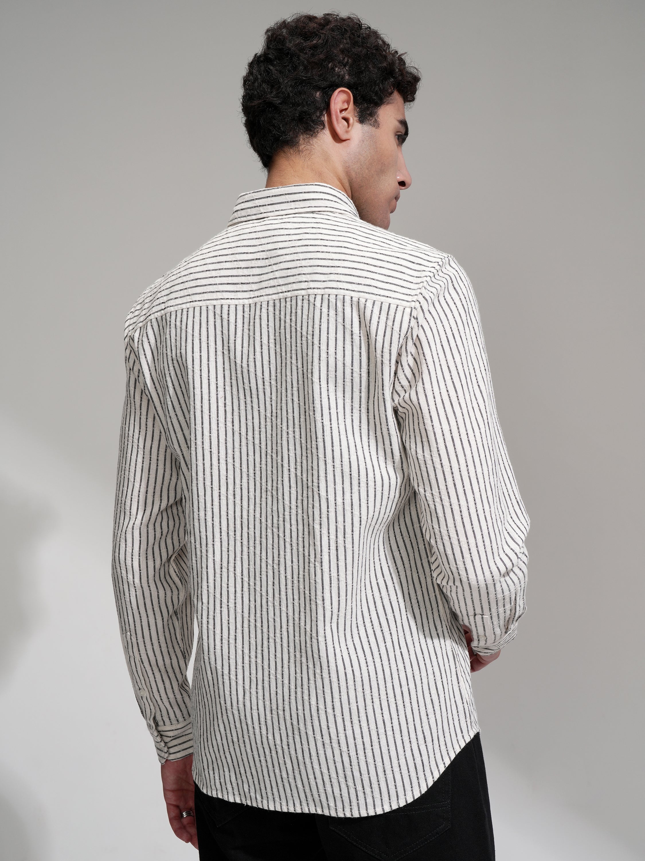 Locomotive Men Cream Striped Slim Fit Casual Shirt - Cream - Image 3