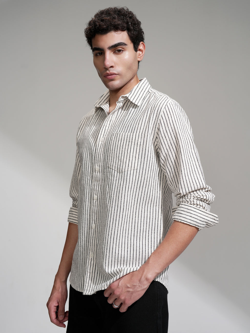 Locomotive Men Cream Striped Slim Fit Casual Shirt - Cream - Image 4