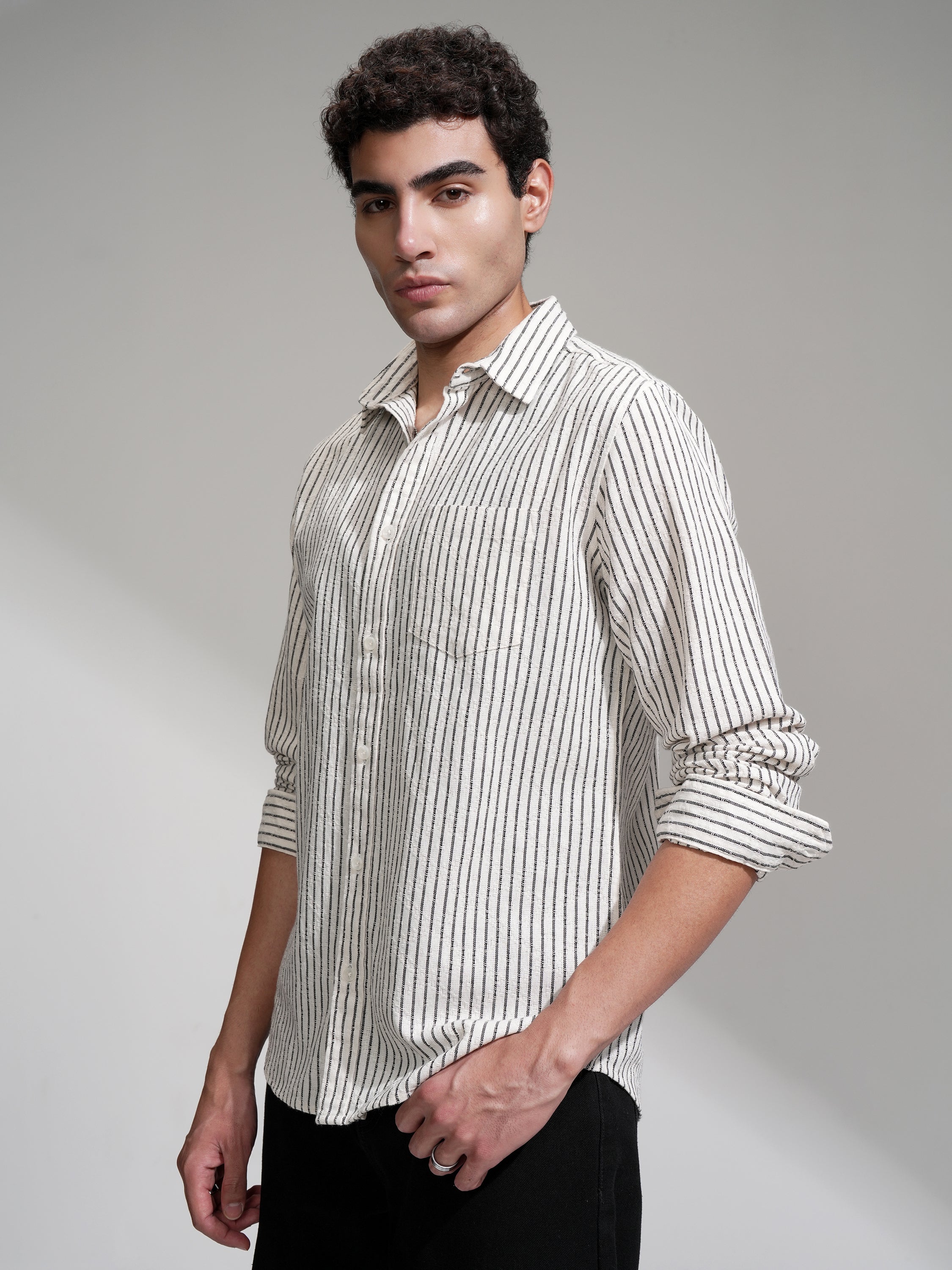 Locomotive Men Cream Striped Slim Fit Casual Shirt - Cream - Image 4