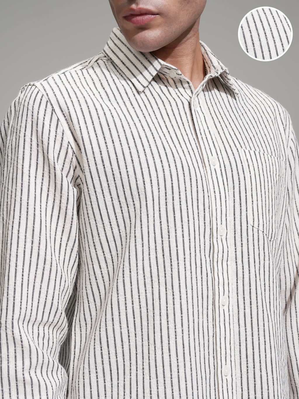Locomotive Men Cream Striped Slim Fit Casual Shirt - Cream - Image 5