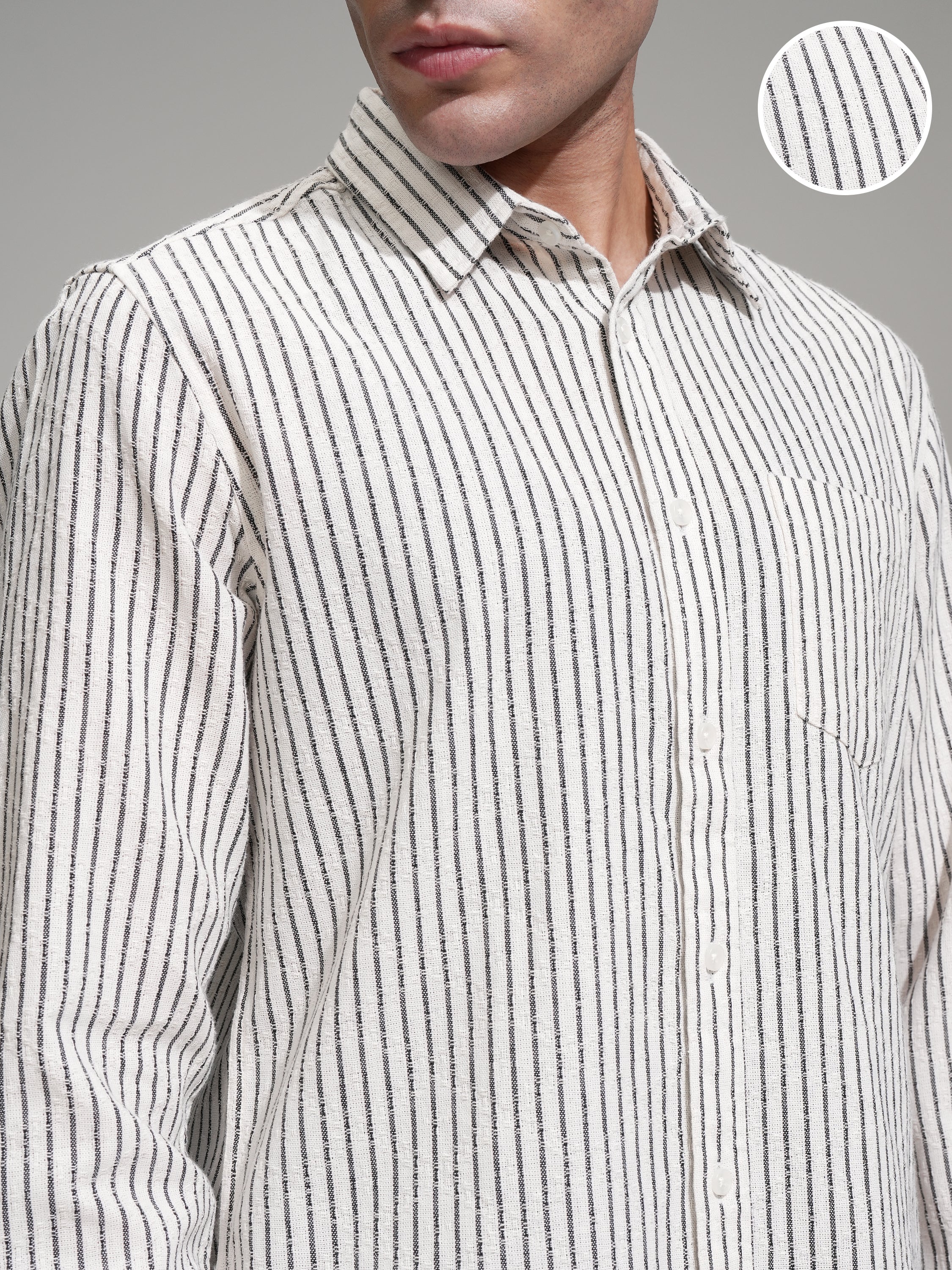Locomotive Men Cream Striped Slim Fit Casual Shirt - Cream - Image 5