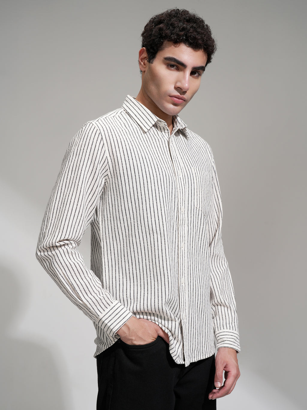 Locomotive Men Cream Striped Slim Fit Casual Shirt - Cream - Image 6