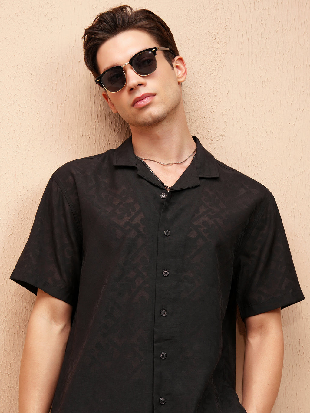 Locomotive Men Black Self Design Relaxed Fit Casual Shirt - Black - Image 1