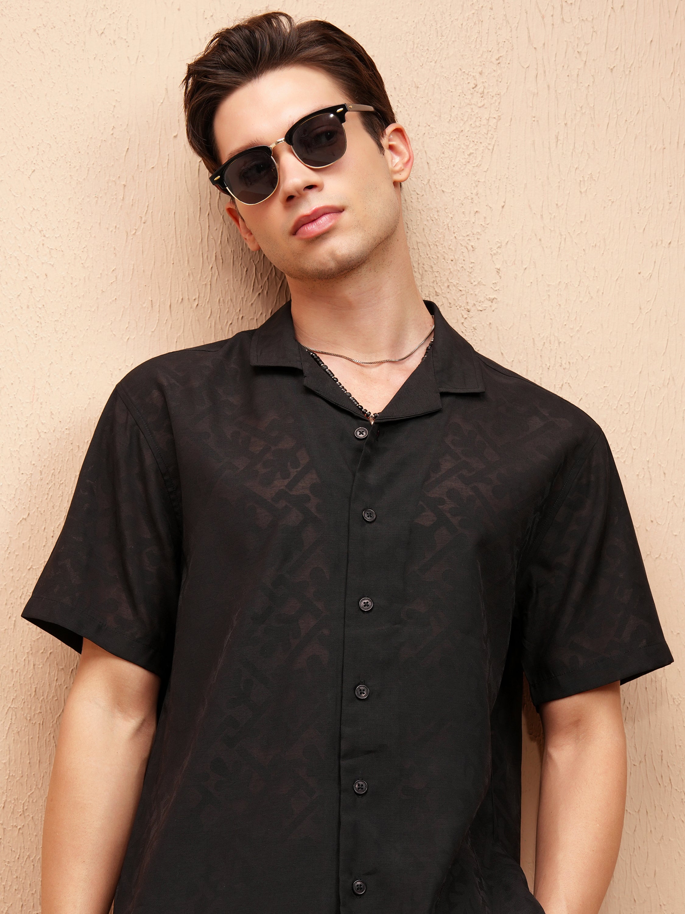 Locomotive Men Black Self Design Relaxed Fit Casual Shirt - Black - Image 1