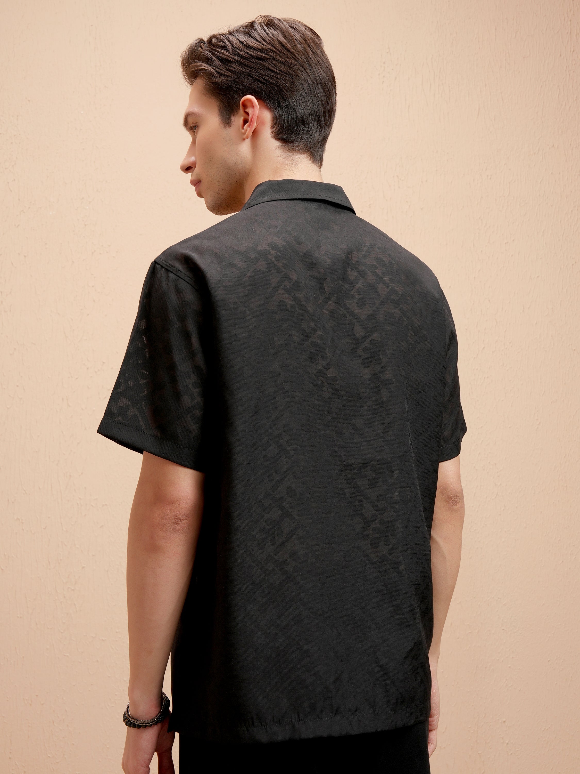 Locomotive Men Black Self Design Relaxed Fit Casual Shirt - Black - Image 3