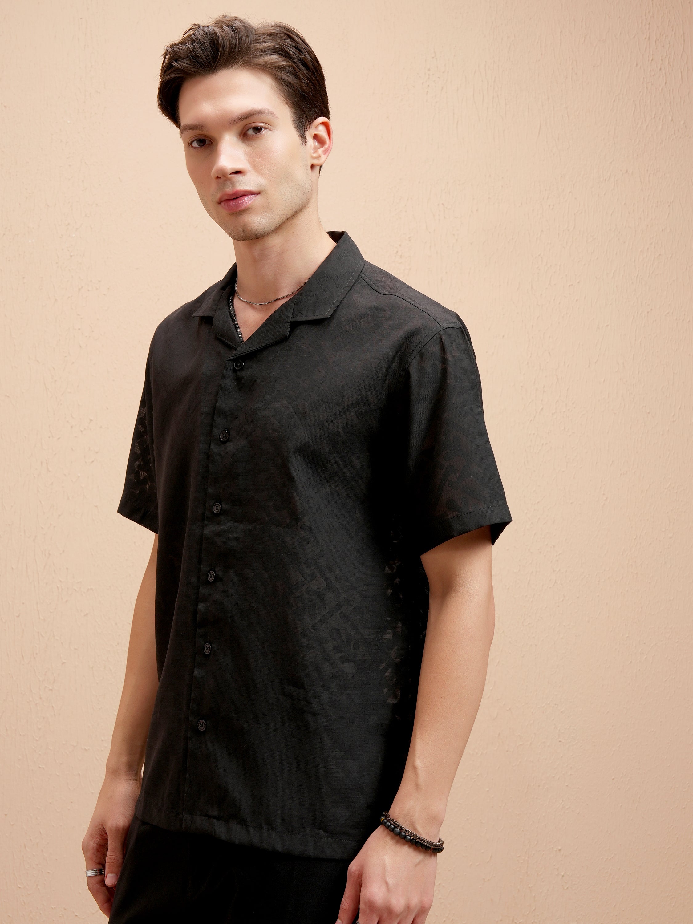 Locomotive Men Black Self Design Relaxed Fit Casual Shirt - Black - Image 4