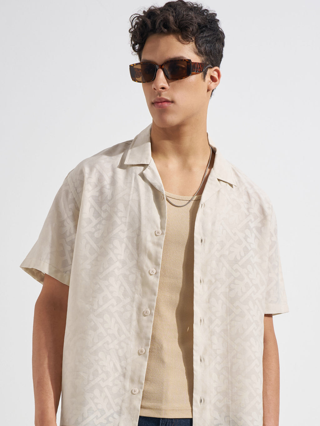 Locomotive Men Beige Self Design Relaxed Fit Casual Shirt