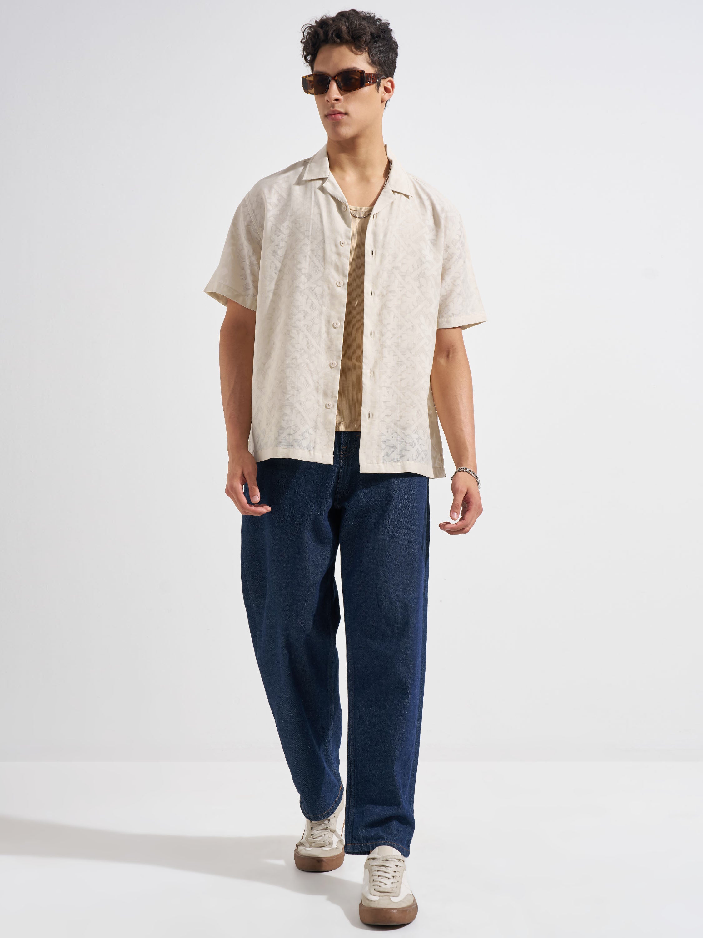 Locomotive Men Beige Self Design Relaxed Fit Casual Shirt