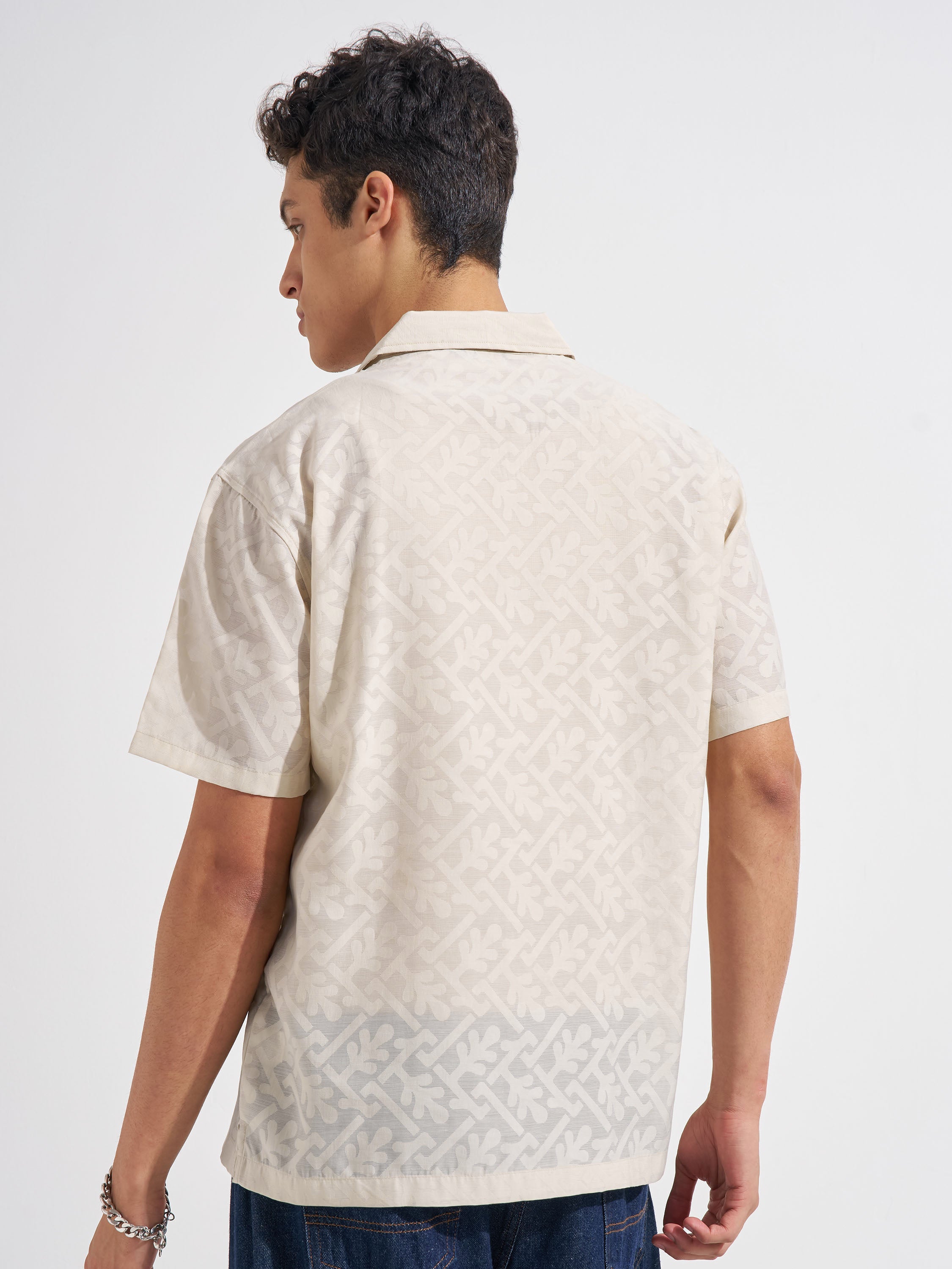 Locomotive Men Beige Self Design Relaxed Fit Casual Shirt