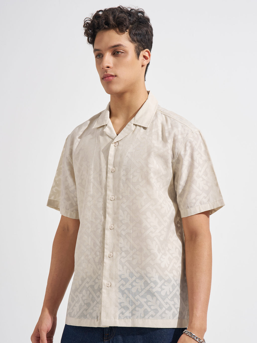 Locomotive Men Beige Self Design Relaxed Fit Casual Shirt