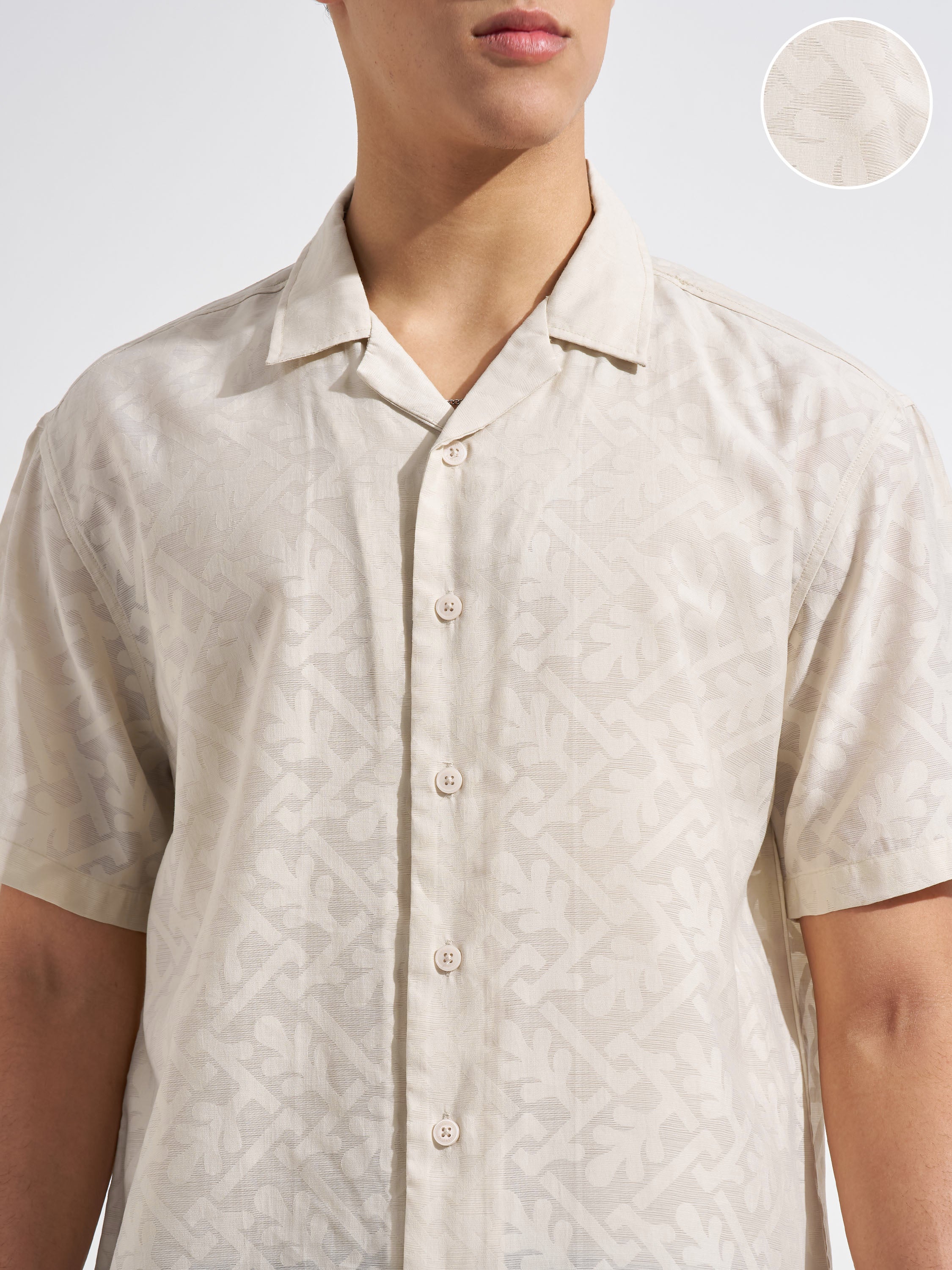 Locomotive Men Beige Self Design Relaxed Fit Casual Shirt