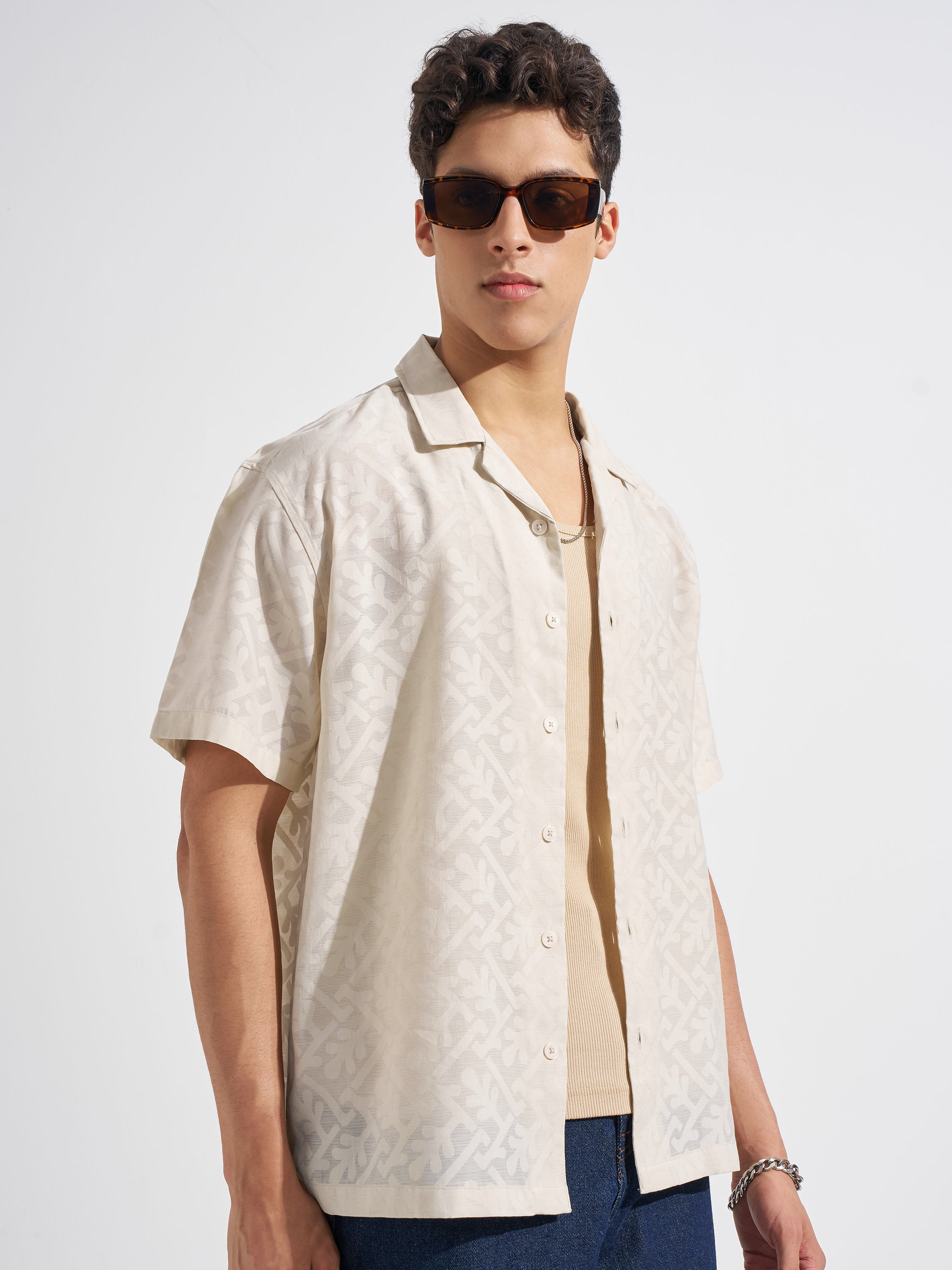 Locomotive Men Beige Self Design Relaxed Fit Casual Shirt