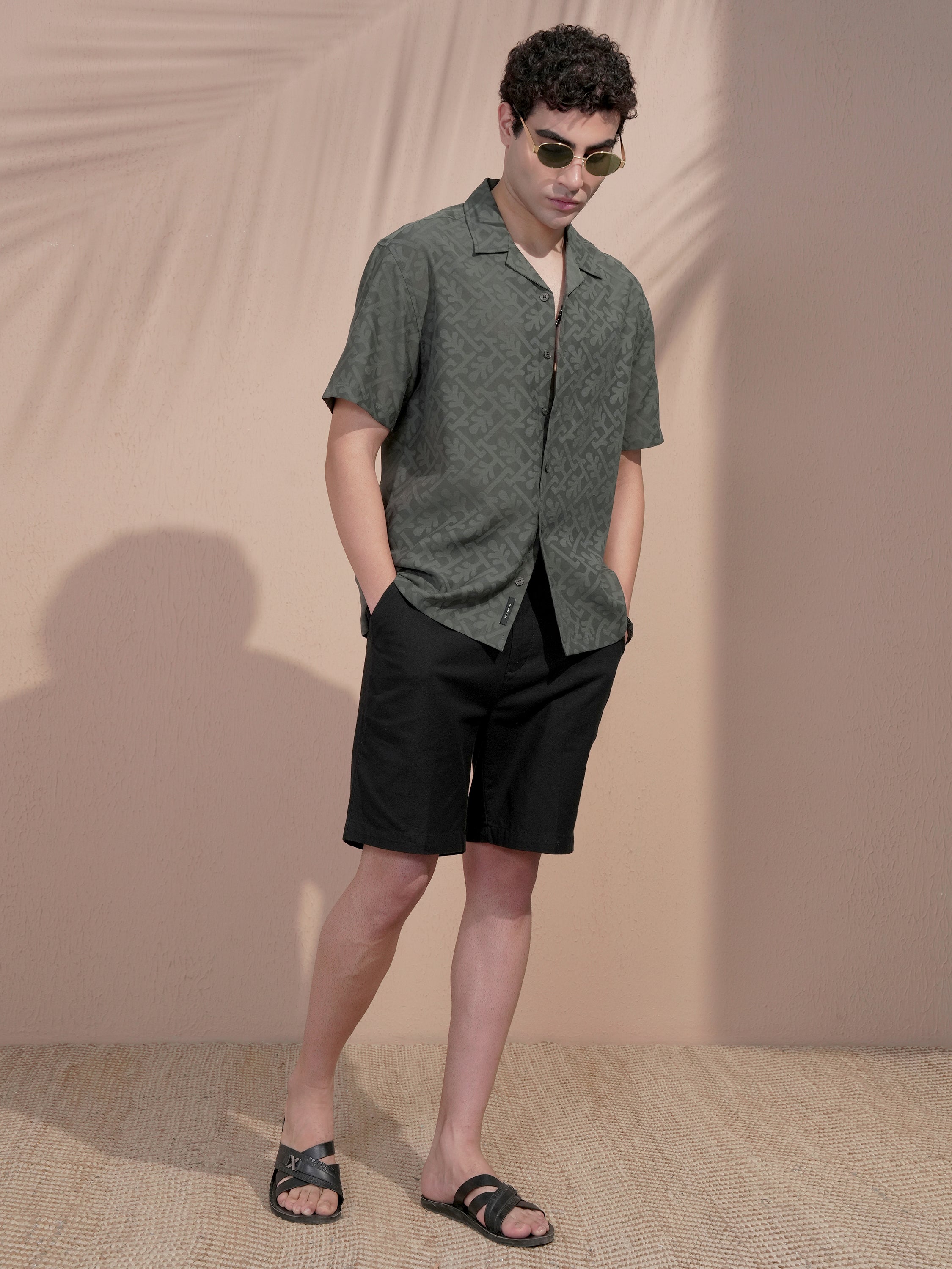 Locomotive Men Olive Self Design Relaxed Fit Casual Shirt - Olive - Image 2