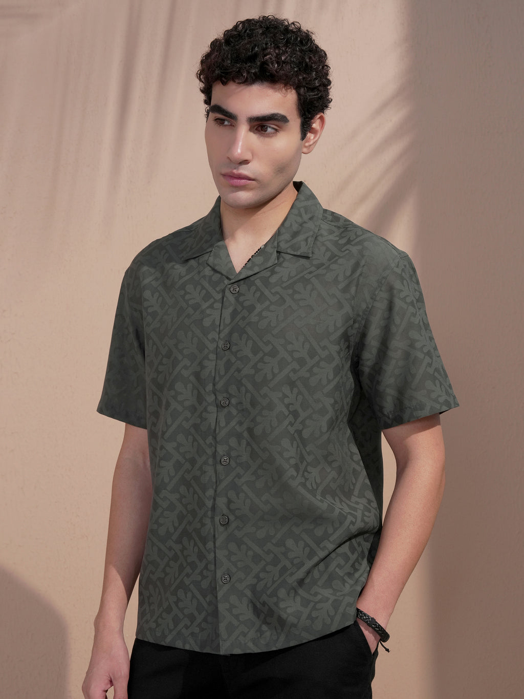 Locomotive Men Olive Self Design Relaxed Fit Casual Shirt - Olive - Image 4