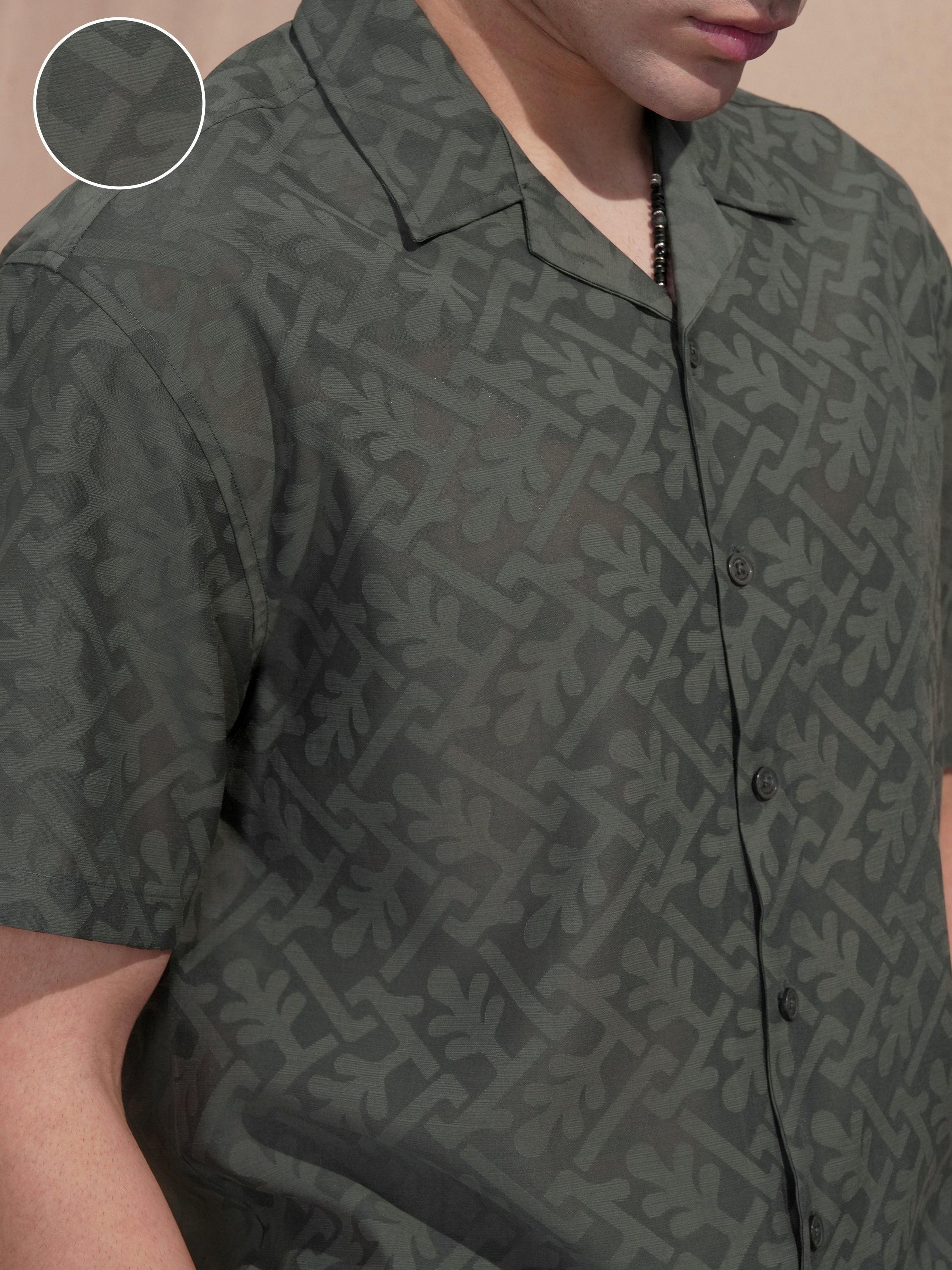 Locomotive Men Olive Self Design Relaxed Fit Casual Shirt - Olive - Image 5