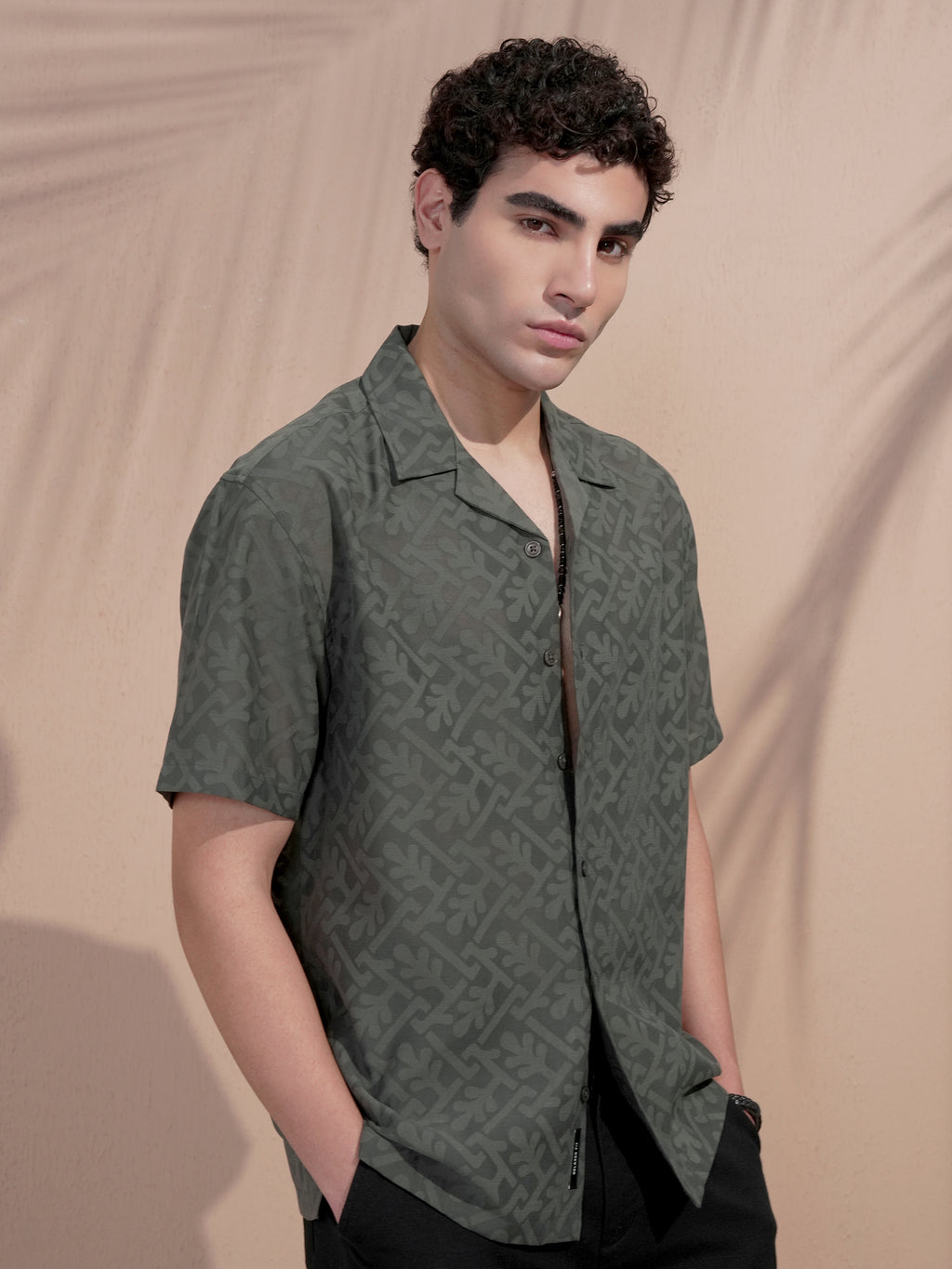 Locomotive Men Olive Self Design Relaxed Fit Casual Shirt - Olive - Image 6