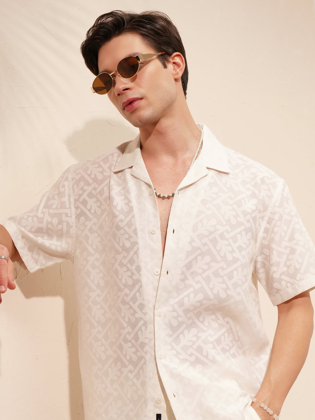 Locomotive Men White Self Design Relaxed Fit Casual Shirt - White - Image 1
