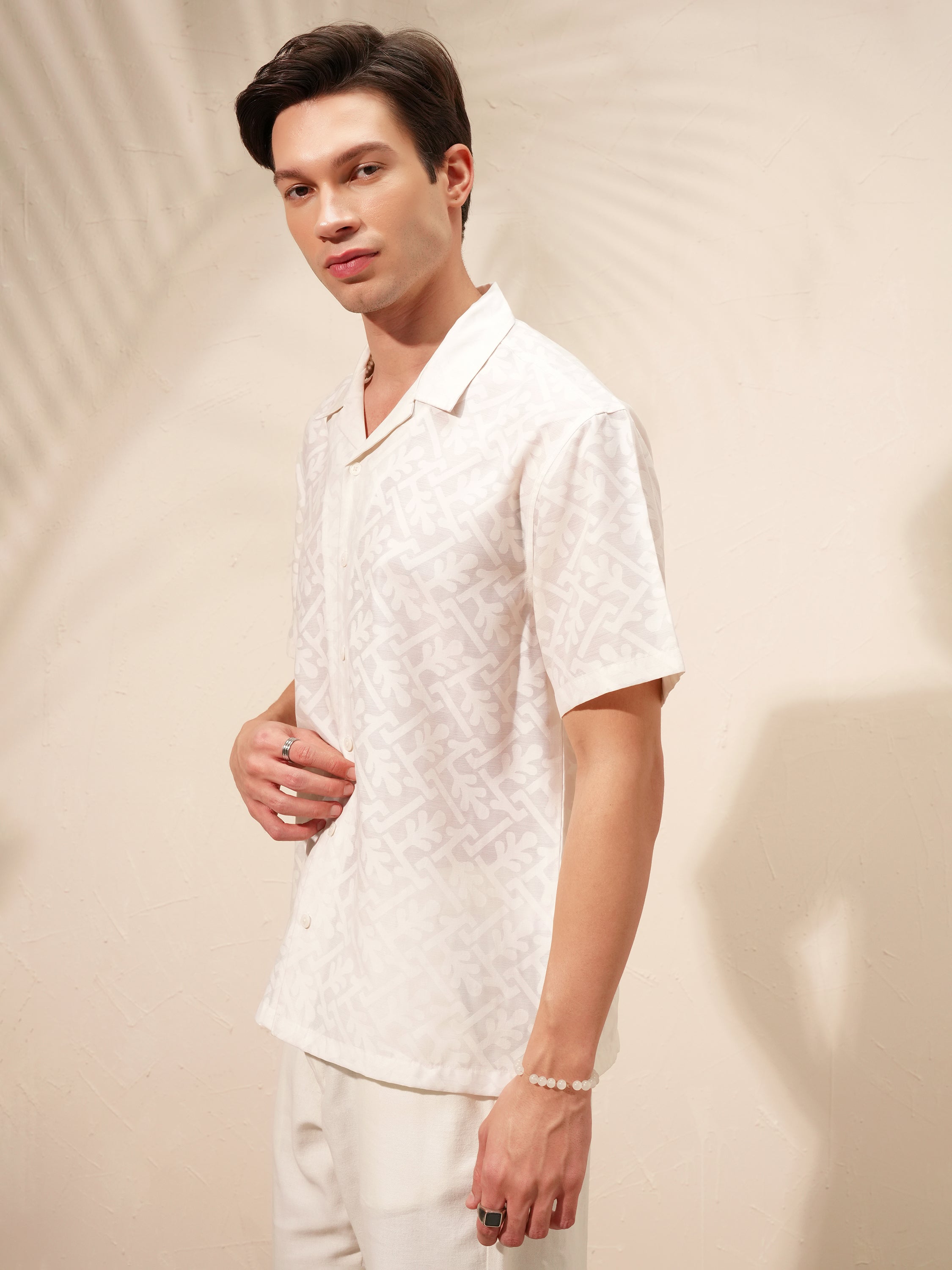 Locomotive Men White Self Design Relaxed Fit Casual Shirt - White - Image 4