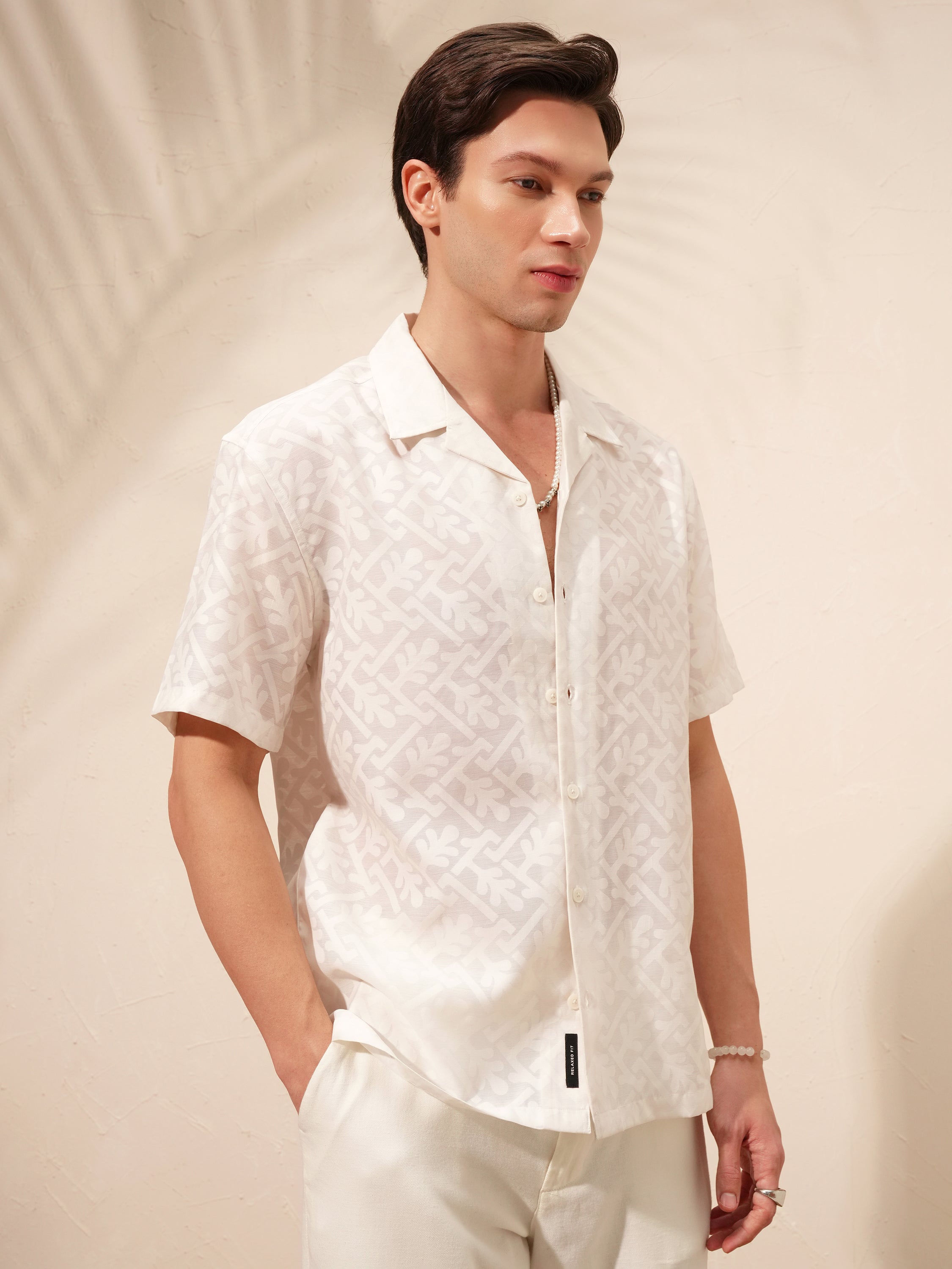 Locomotive Men White Self Design Relaxed Fit Casual Shirt - White - Image 6