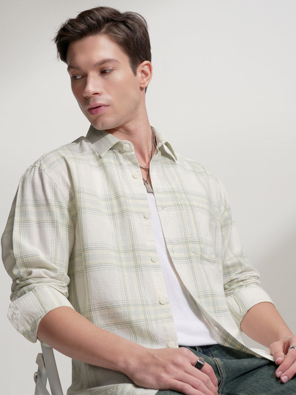 Locomotive Men Cream Checked Relaxed Fit Casual Shirt - Cream - Image 1