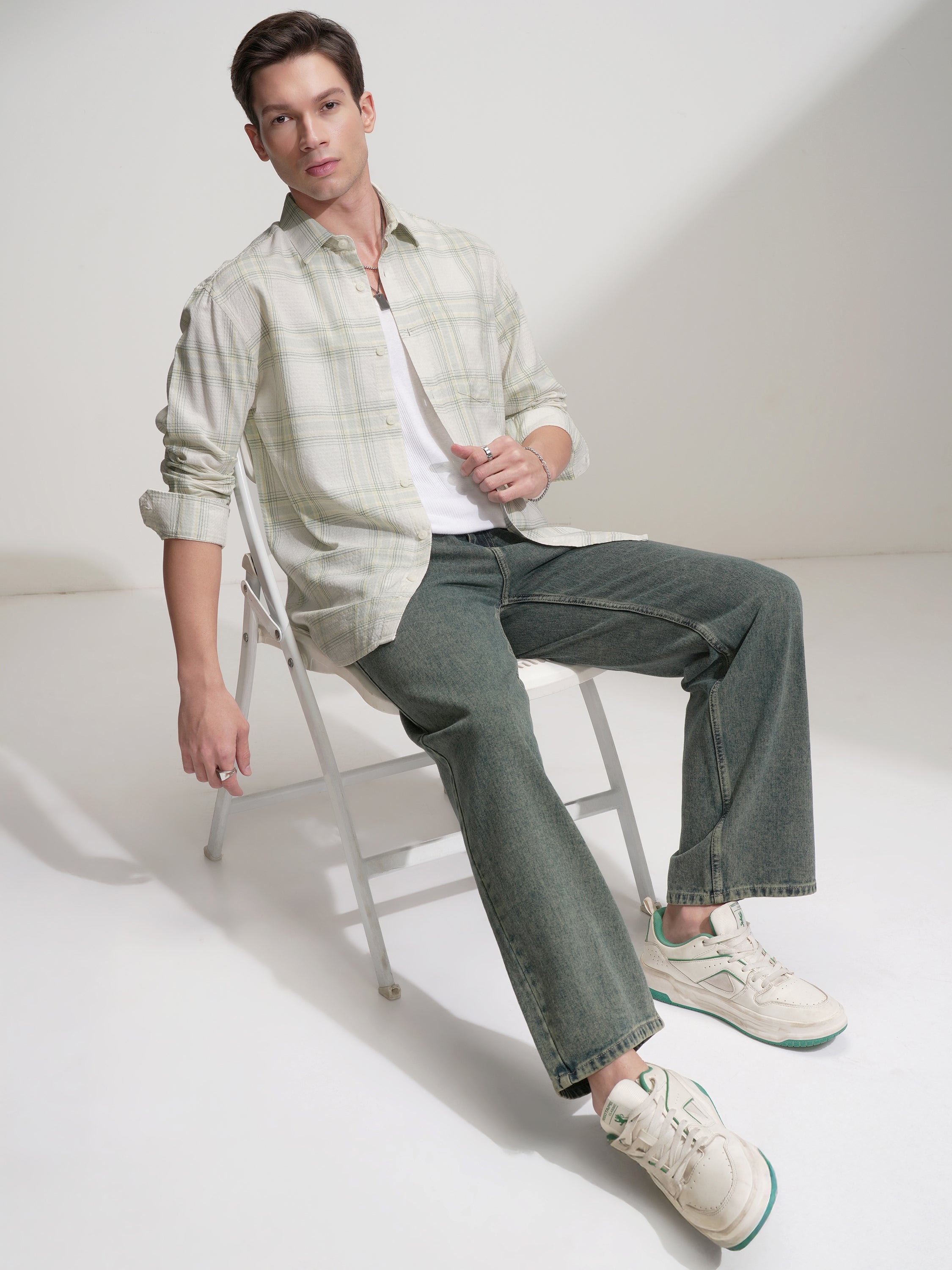 Locomotive Men Cream Checked Relaxed Fit Casual Shirt - Cream - Image 2