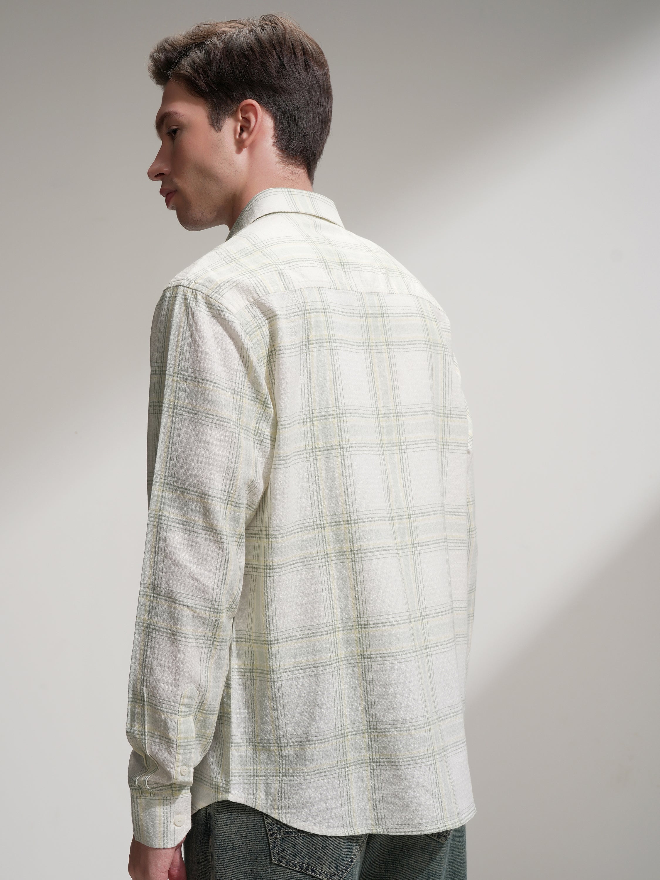 Locomotive Men Cream Checked Relaxed Fit Casual Shirt - Cream - Image 3