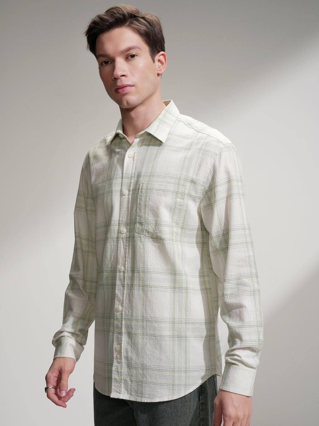 Locomotive Men Cream Checked Relaxed Fit Casual Shirt - Cream - Image 4
