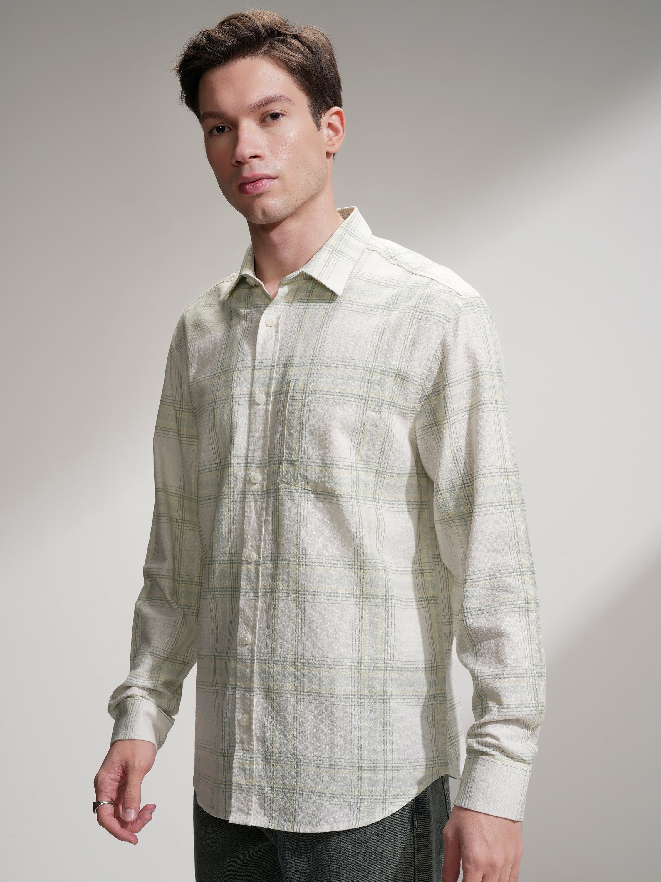 Locomotive Men Cream Checked Relaxed Fit Casual Shirt - Cream - Image 4