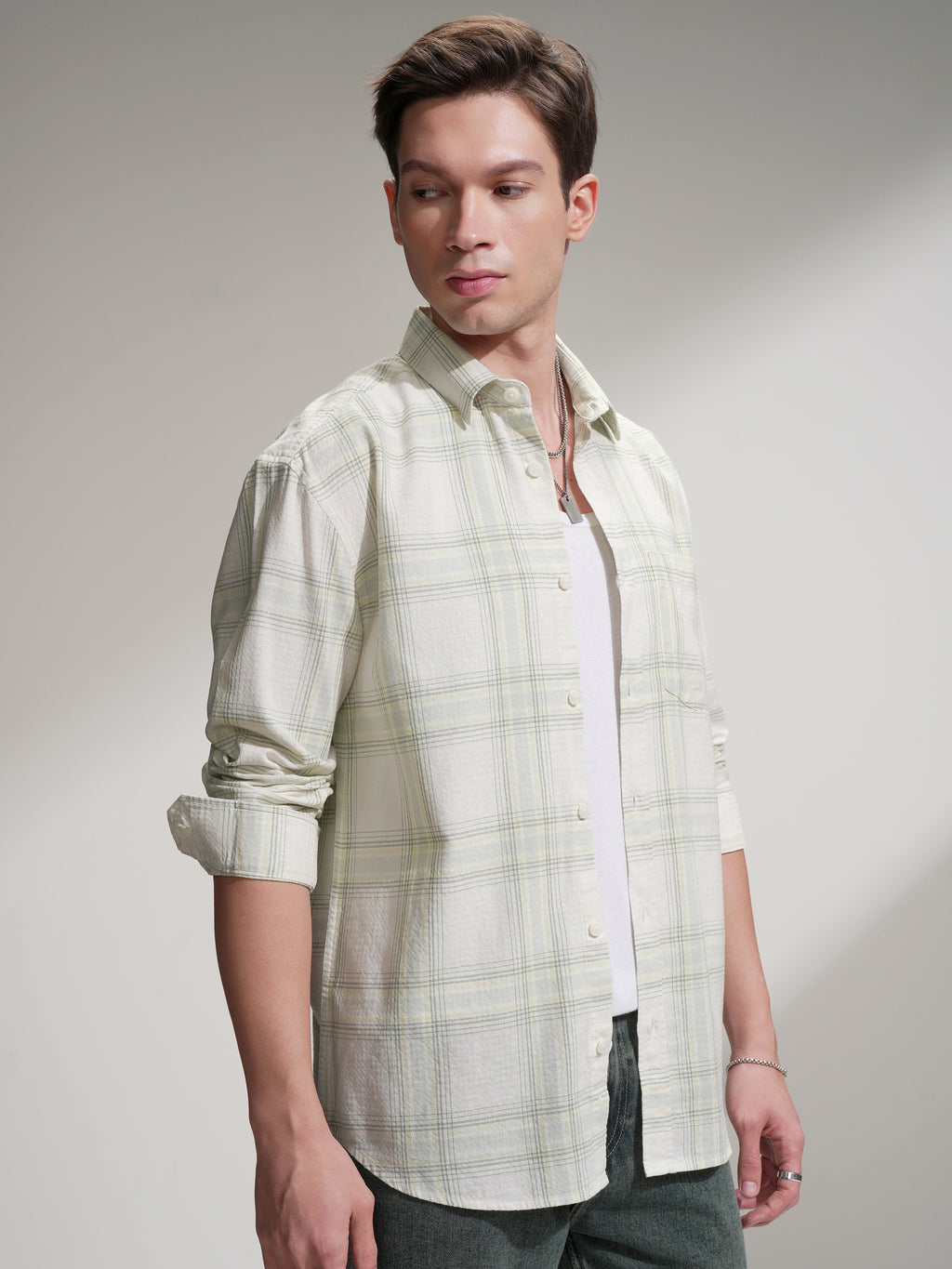 Locomotive Men Cream Checked Relaxed Fit Casual Shirt - Cream - Image 6