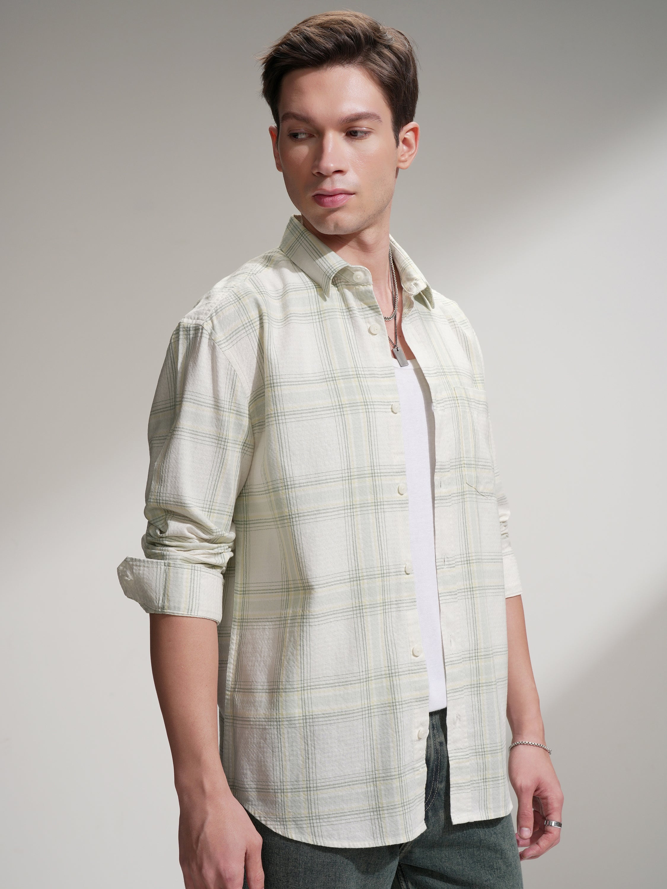 Locomotive Men Cream Checked Relaxed Fit Casual Shirt - Cream - Image 6