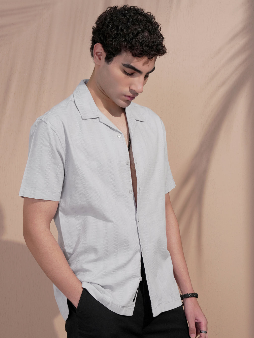 Locomotive Men Grey Self Design Relaxed Fit Casual Shirt - Grey - Image 6