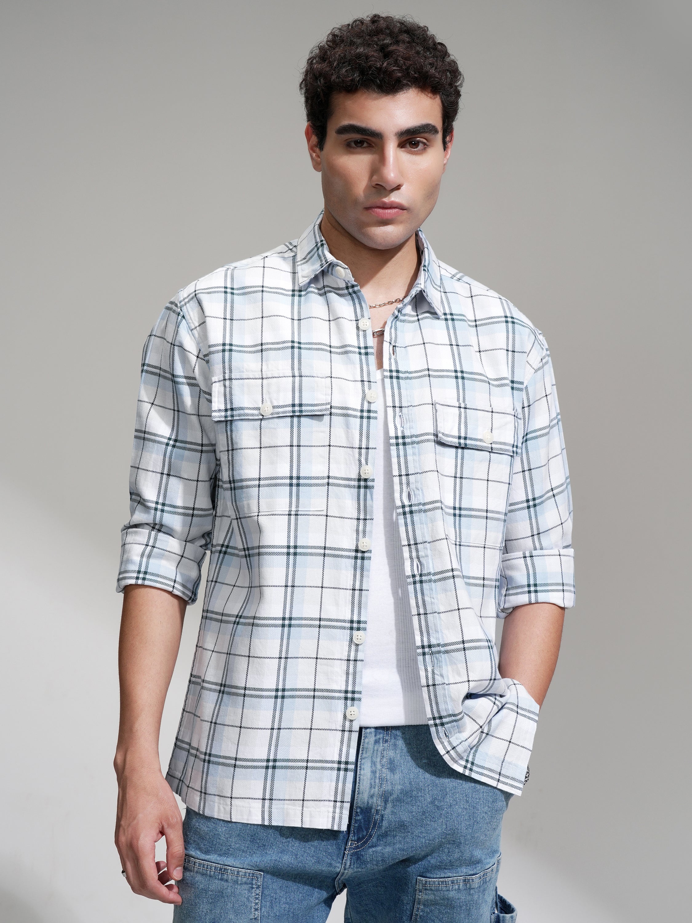Locomotive Men Blue Checked Oversized Fit Casual Shirt - Blue - Image 1