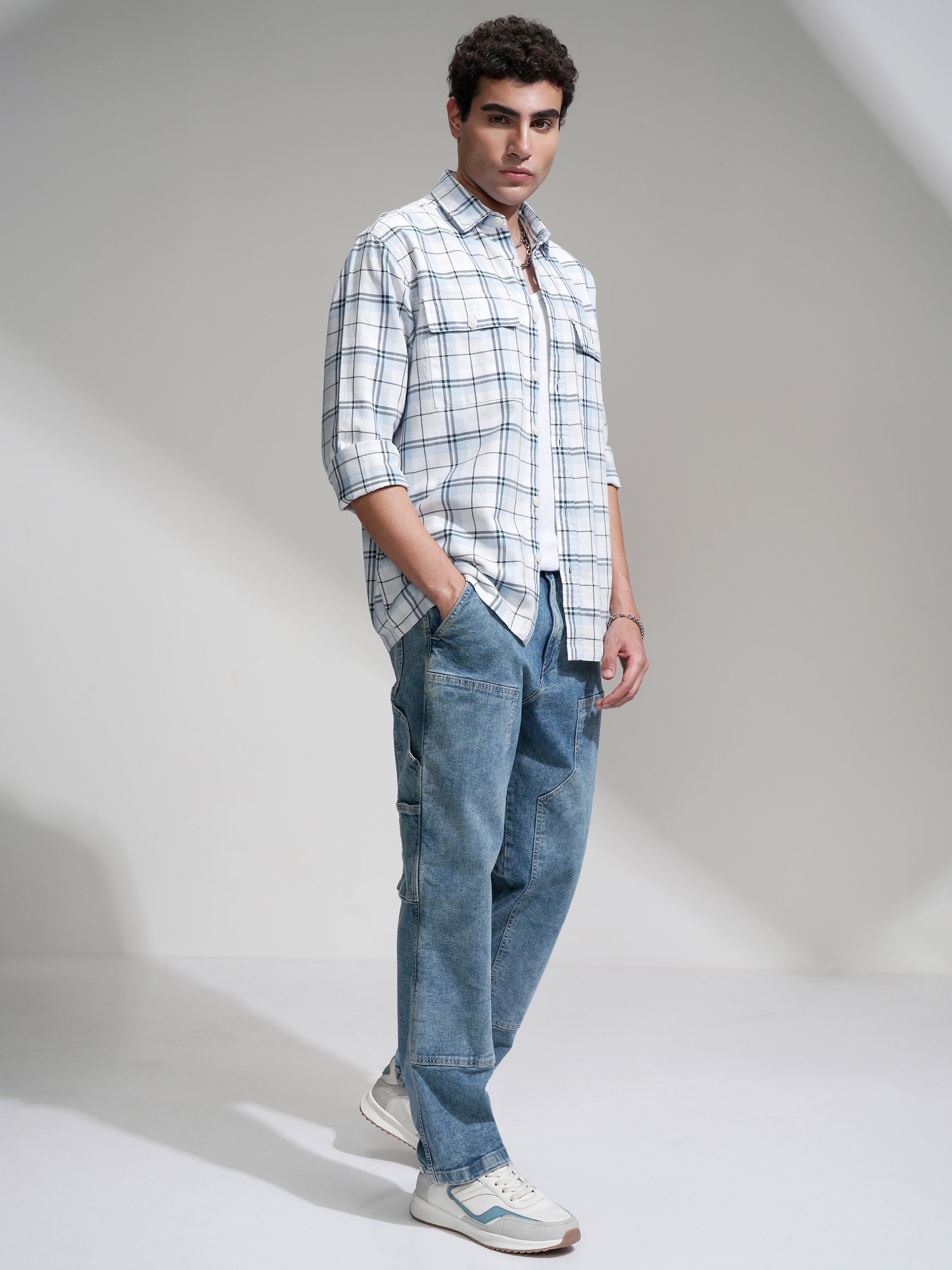 Locomotive Men Blue Checked Oversized Fit Casual Shirt - Blue - Image 2