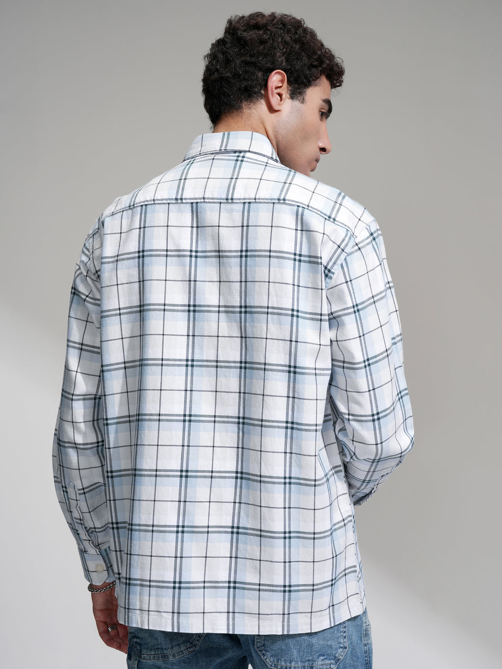 Locomotive Men Blue Checked Oversized Fit Casual Shirt - Blue - Image 3