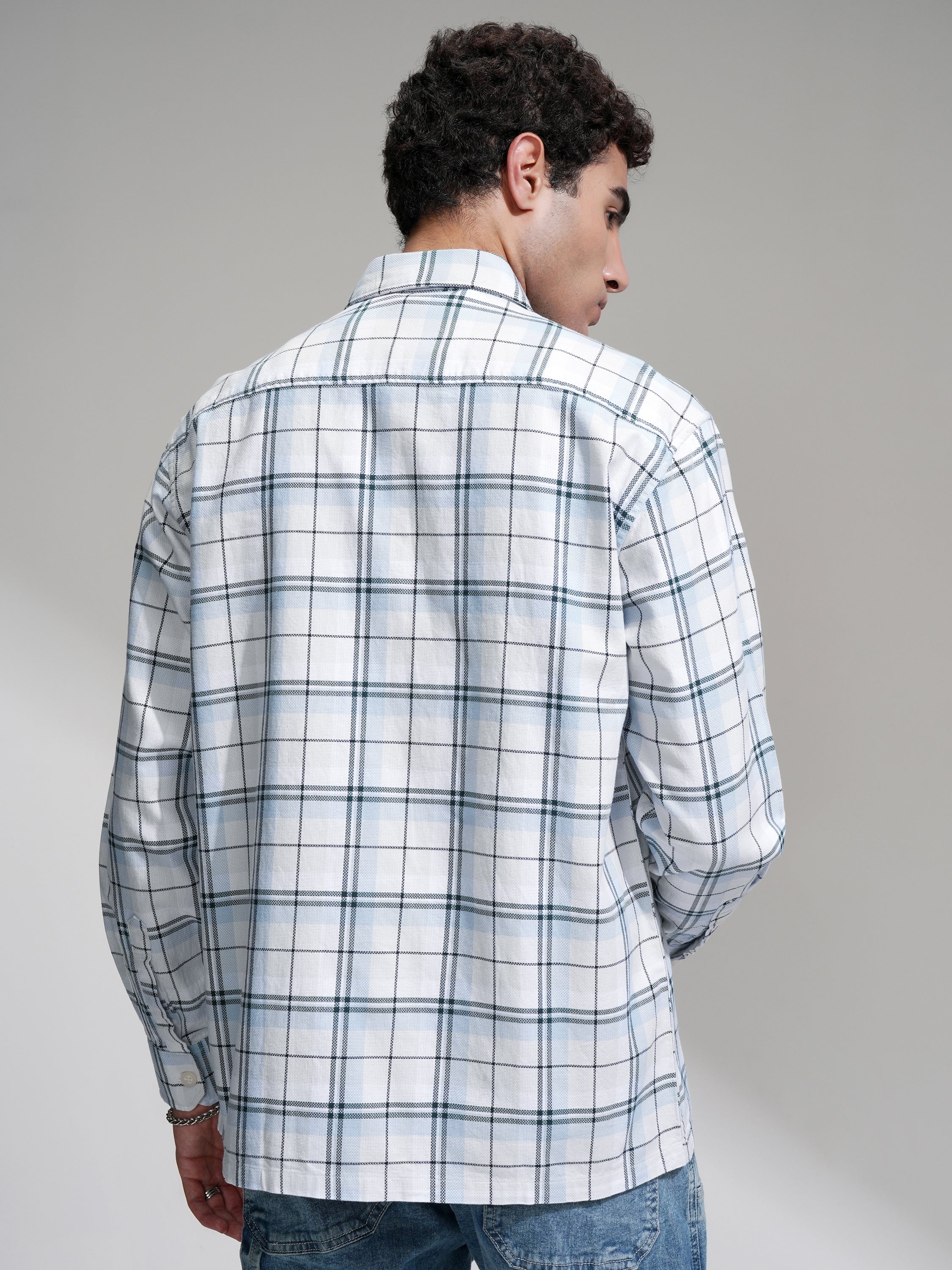 Locomotive Men Blue Checked Oversized Fit Casual Shirt - Blue - Image 3