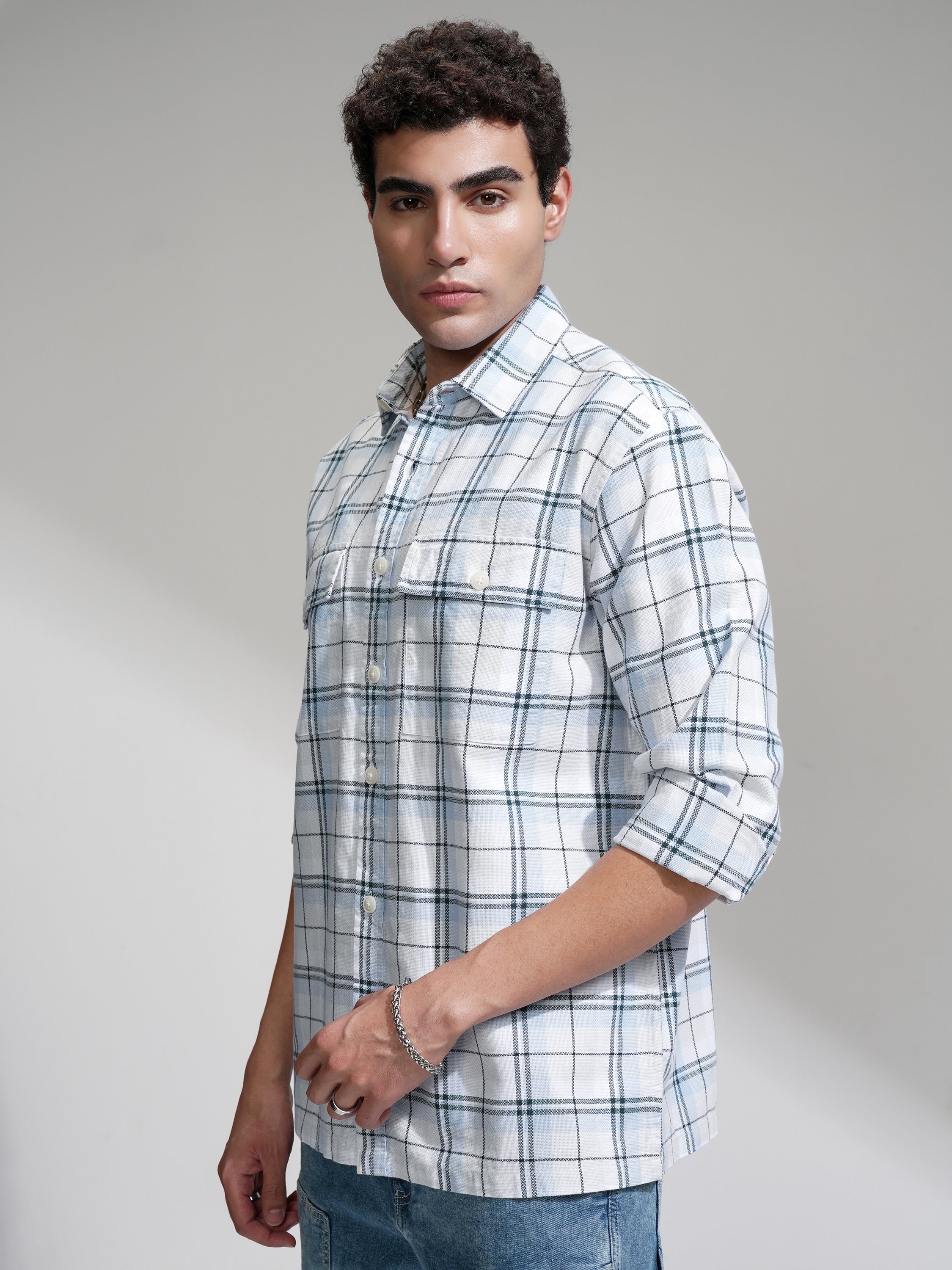 Locomotive Men Blue Checked Oversized Fit Casual Shirt - Blue - Image 4