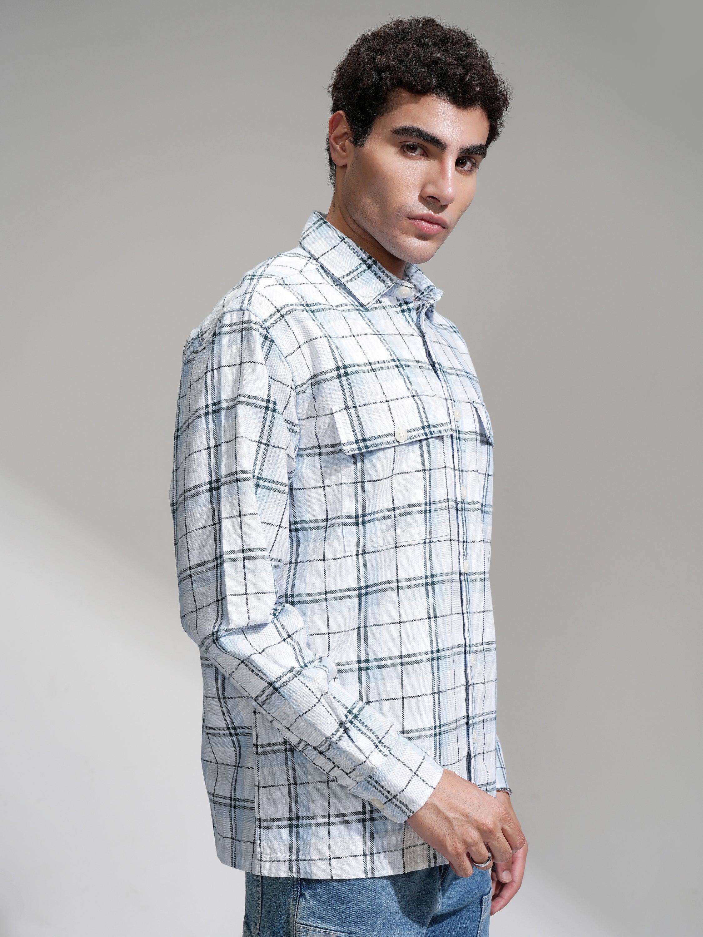 Locomotive Men Blue Checked Oversized Fit Casual Shirt - Blue - Image 6
