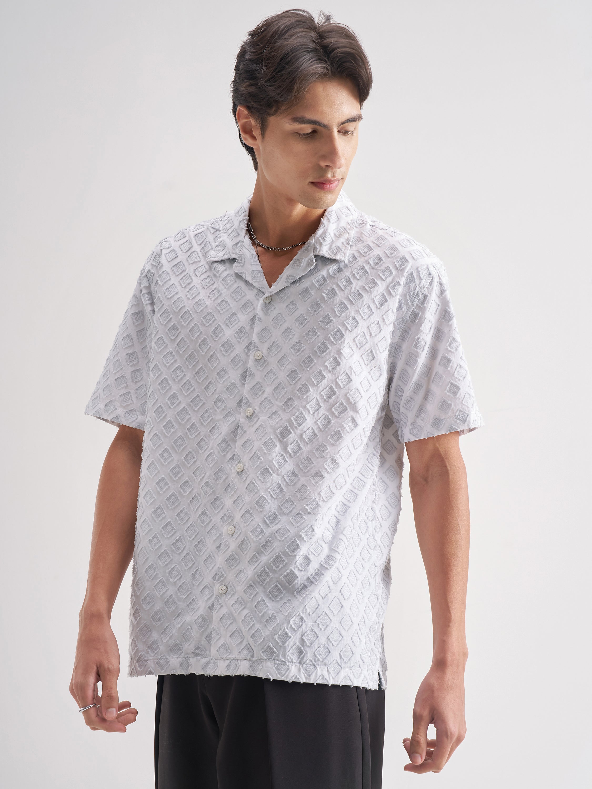 Locomotive Men White Self Design Relaxed Fit Casual Shirt - White - Image 4