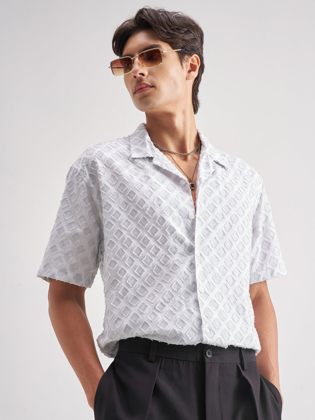 Locomotive Men White Self Design Relaxed Fit Casual Shirt - White - Image 6