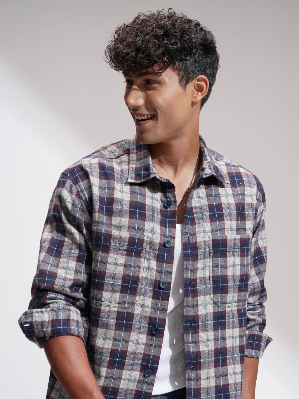 Locomotive Men Navy Blue Checked Oversized Fit Casual Shirt - Navy Blue - Image 1