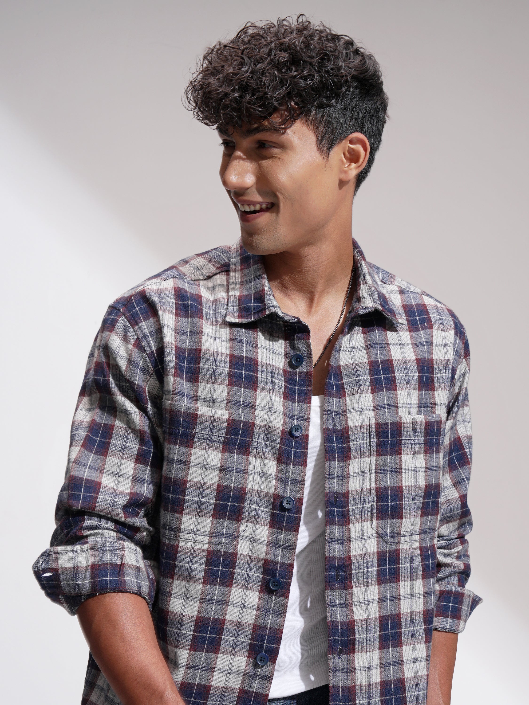 Locomotive Men Navy Blue Checked Oversized Fit Casual Shirt - Navy Blue - Image 1