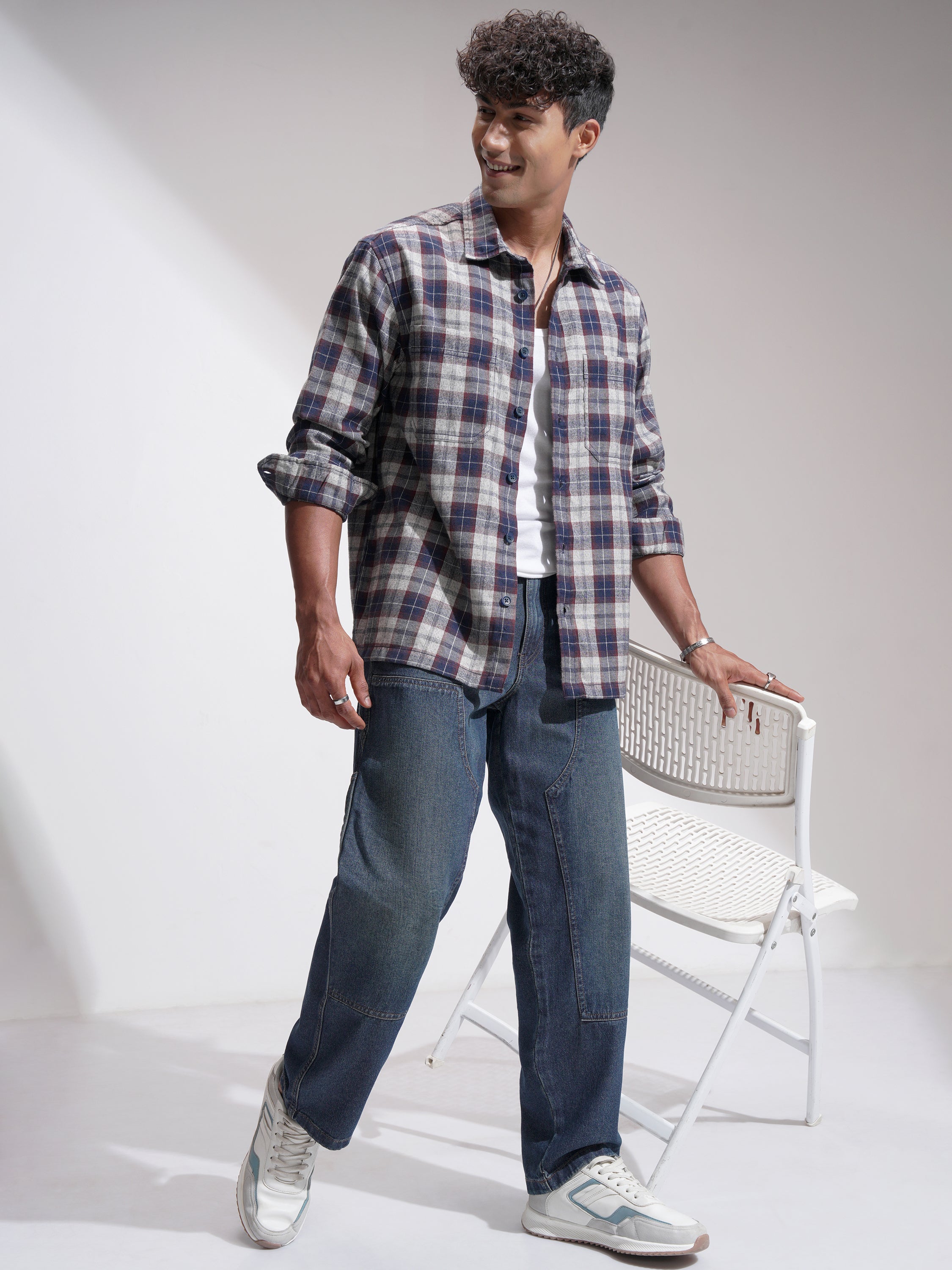 Locomotive Men Navy Blue Checked Oversized Fit Casual Shirt - Navy Blue - Image 2