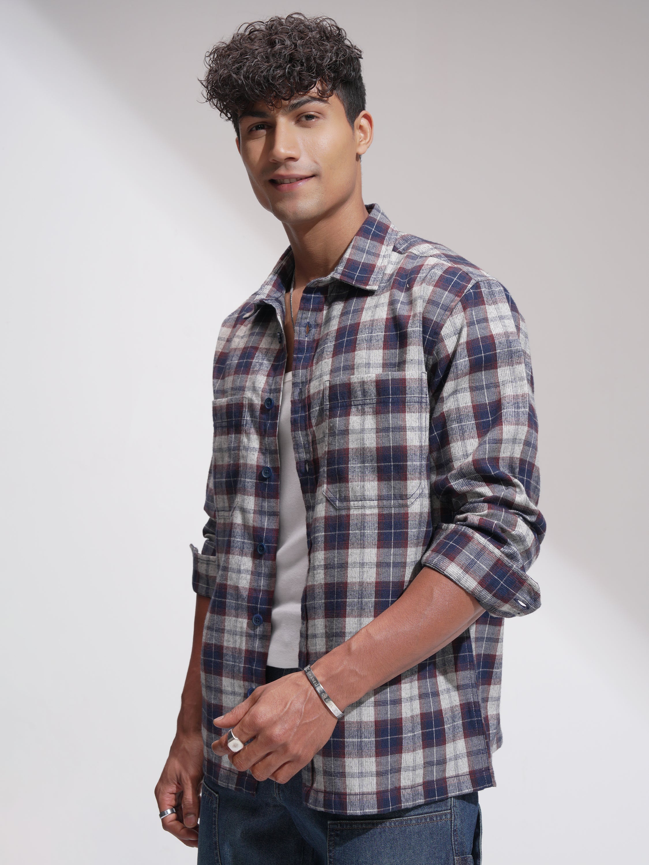 Locomotive Men Navy Blue Checked Oversized Fit Casual Shirt - Navy Blue - Image 4