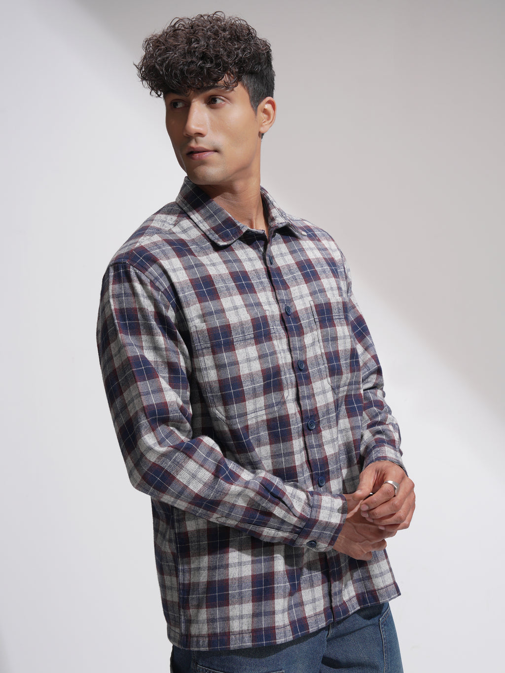 Locomotive Men Navy Blue Checked Oversized Fit Casual Shirt - Navy Blue - Image 6