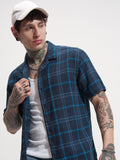 Locomotive Men Navy Blue Checked Relaxed Fit Casual Shirt - Navy Blue - Image 1