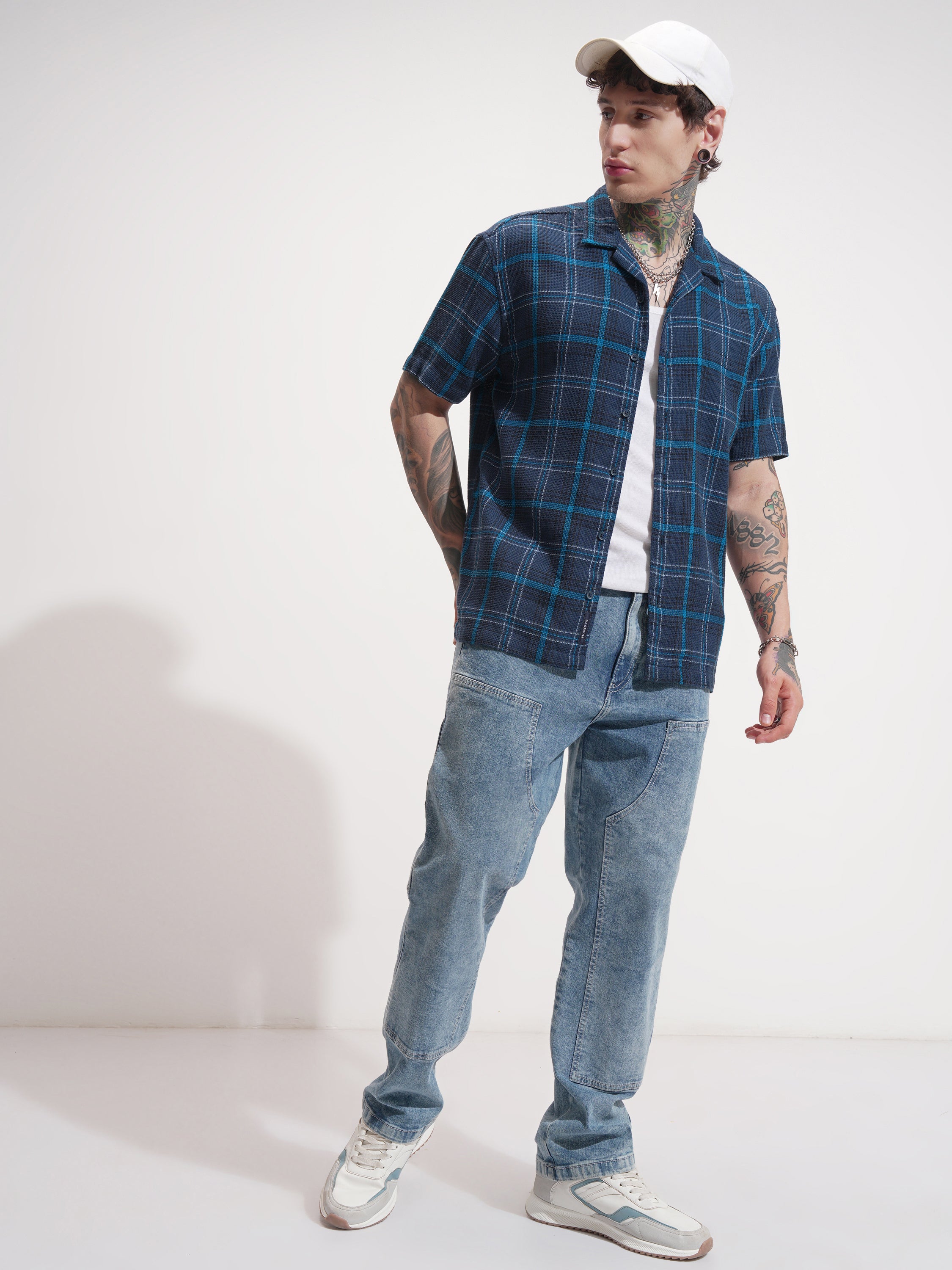Locomotive Men Navy Blue Checked Relaxed Fit Casual Shirt - Navy Blue - Image 2