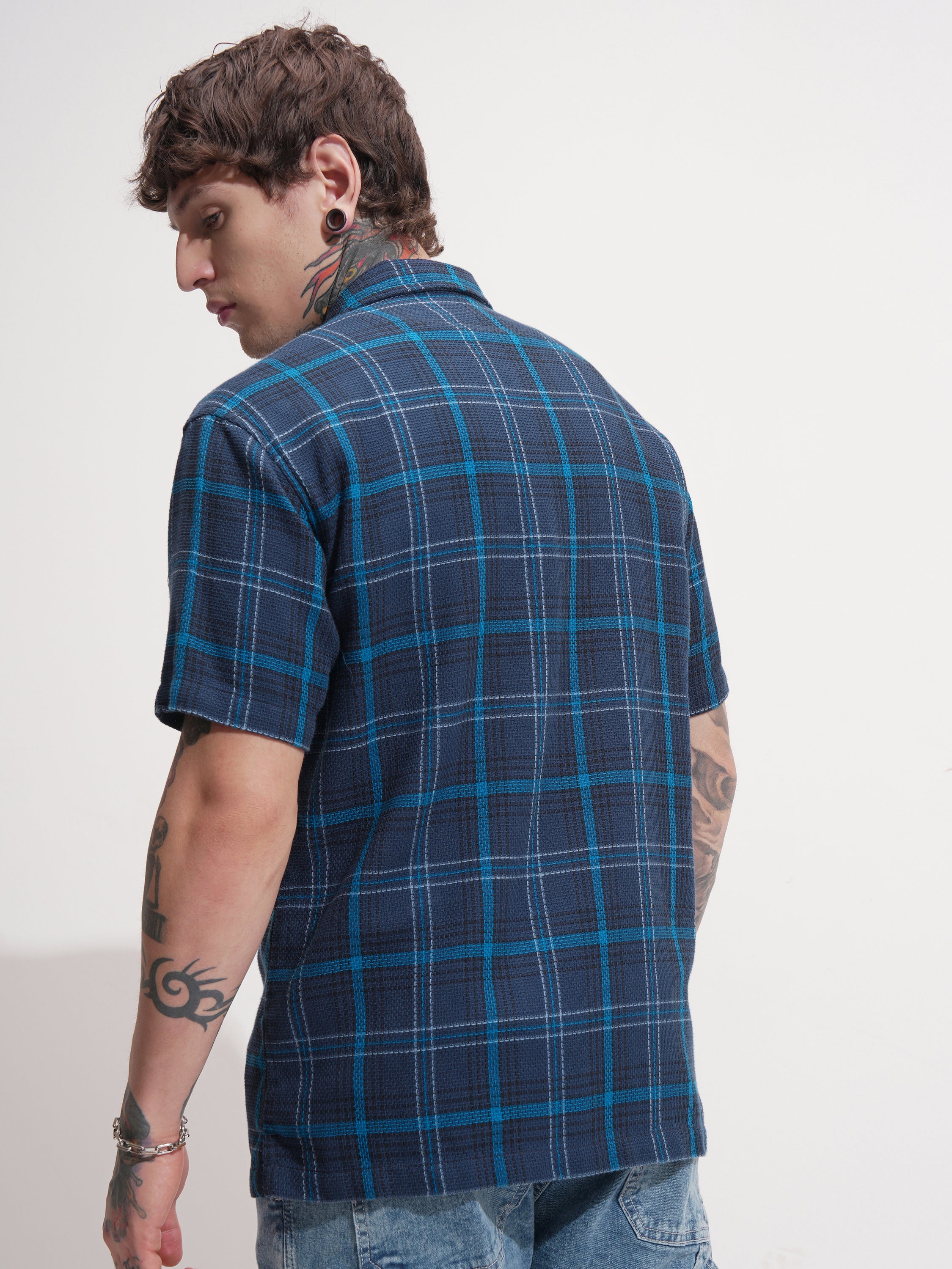 Locomotive Men Navy Blue Checked Relaxed Fit Casual Shirt - Navy Blue - Image 3